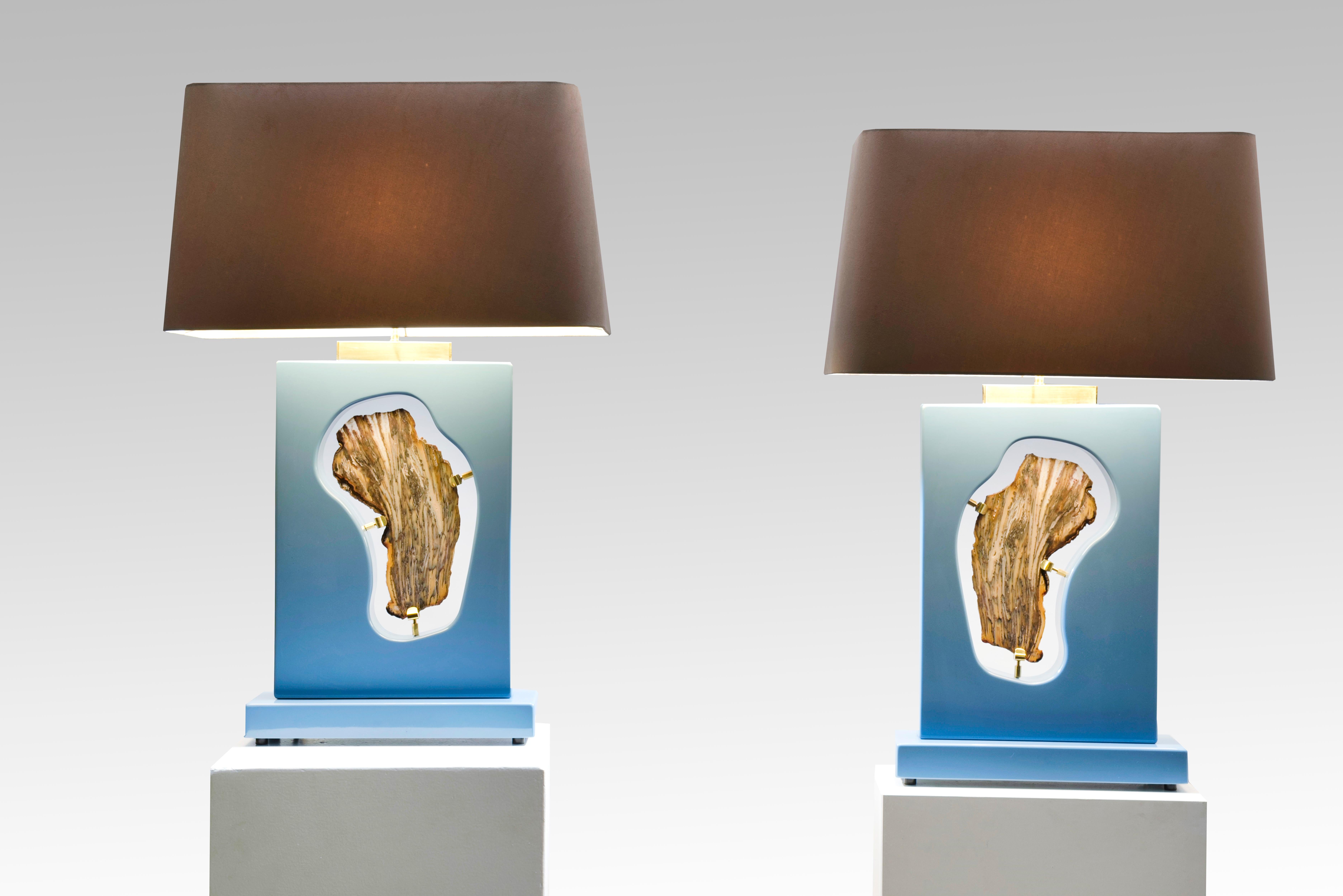 Pair of Tables Lamps Blue Resin and Agate by Stan Usel For Sale 1