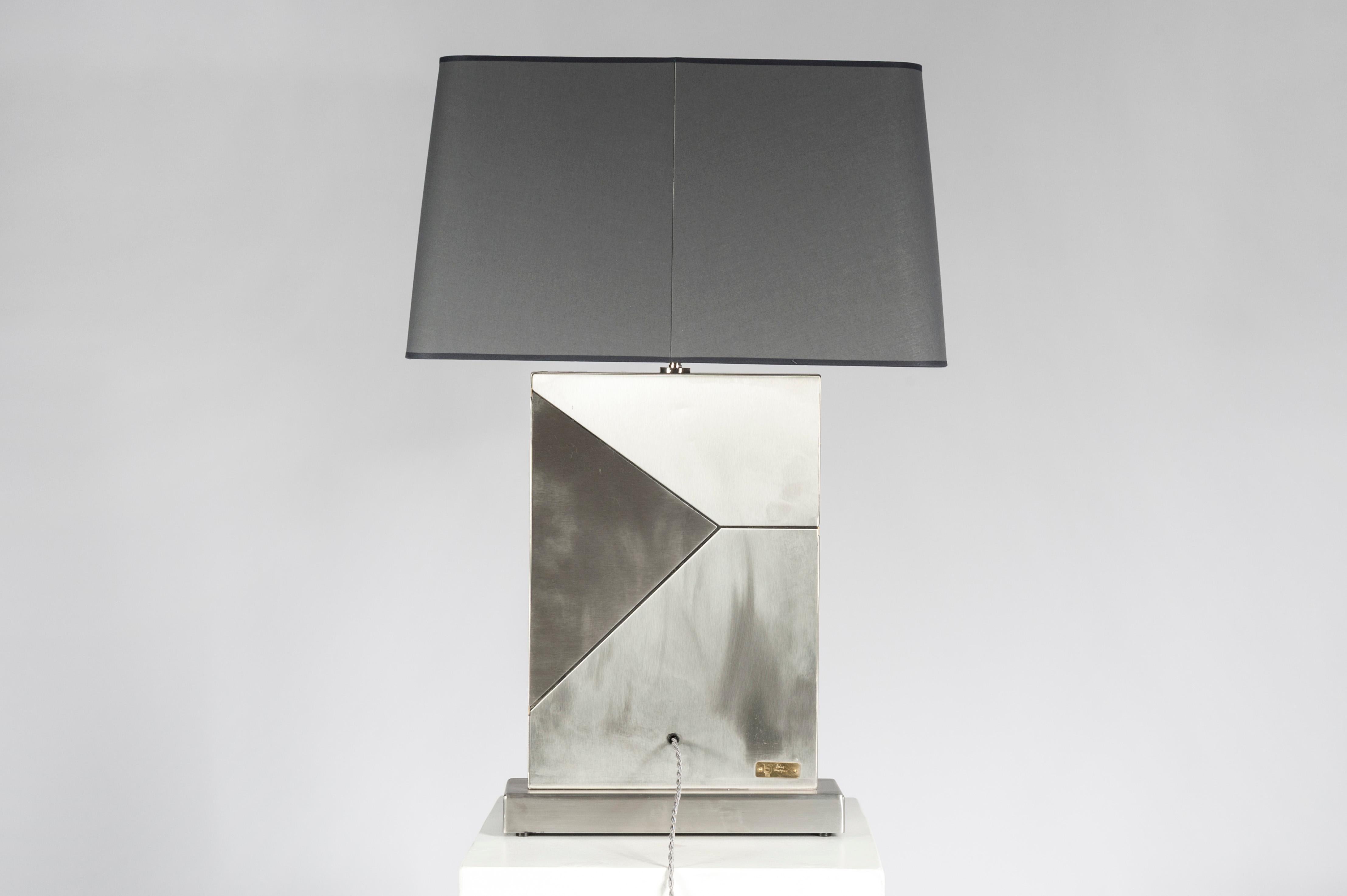 Belgian Pair of Tables Lamps in Mosaic Stainless Steel and Meteorite by Stan Usel For Sale