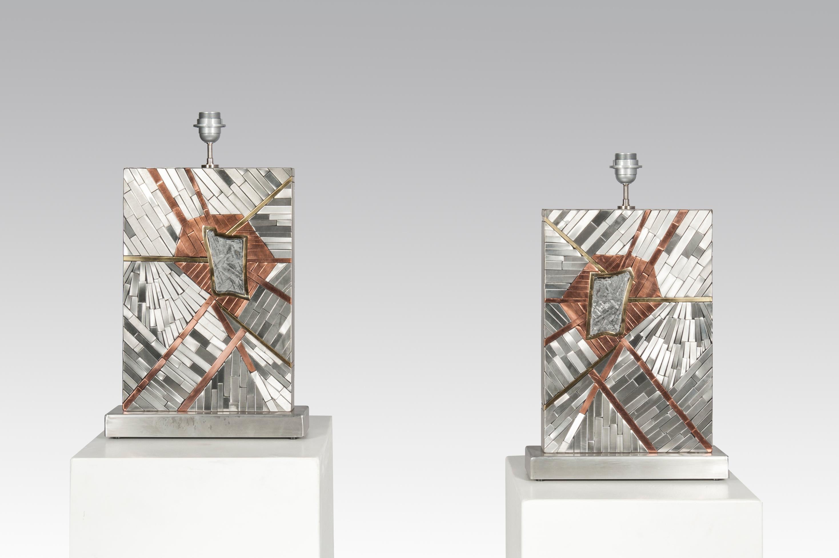Contemporary Pair of Tables Lamps in Mosaic Stainless Steel and Meteorite by Stan Usel For Sale
