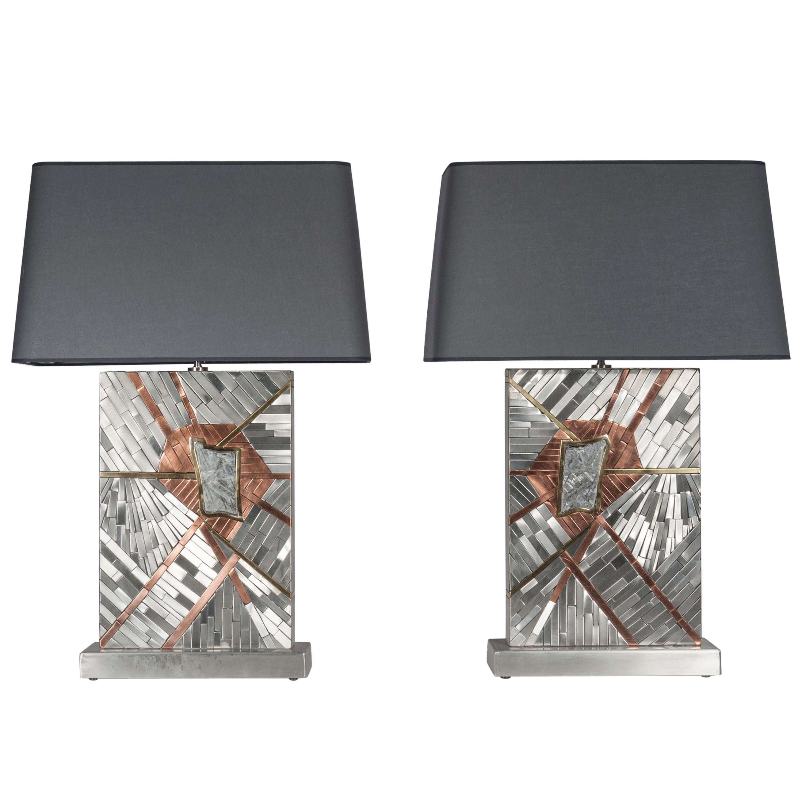 Pair of Tables Lamps in Mosaic Stainless Steel and Meteorite by Stan Usel