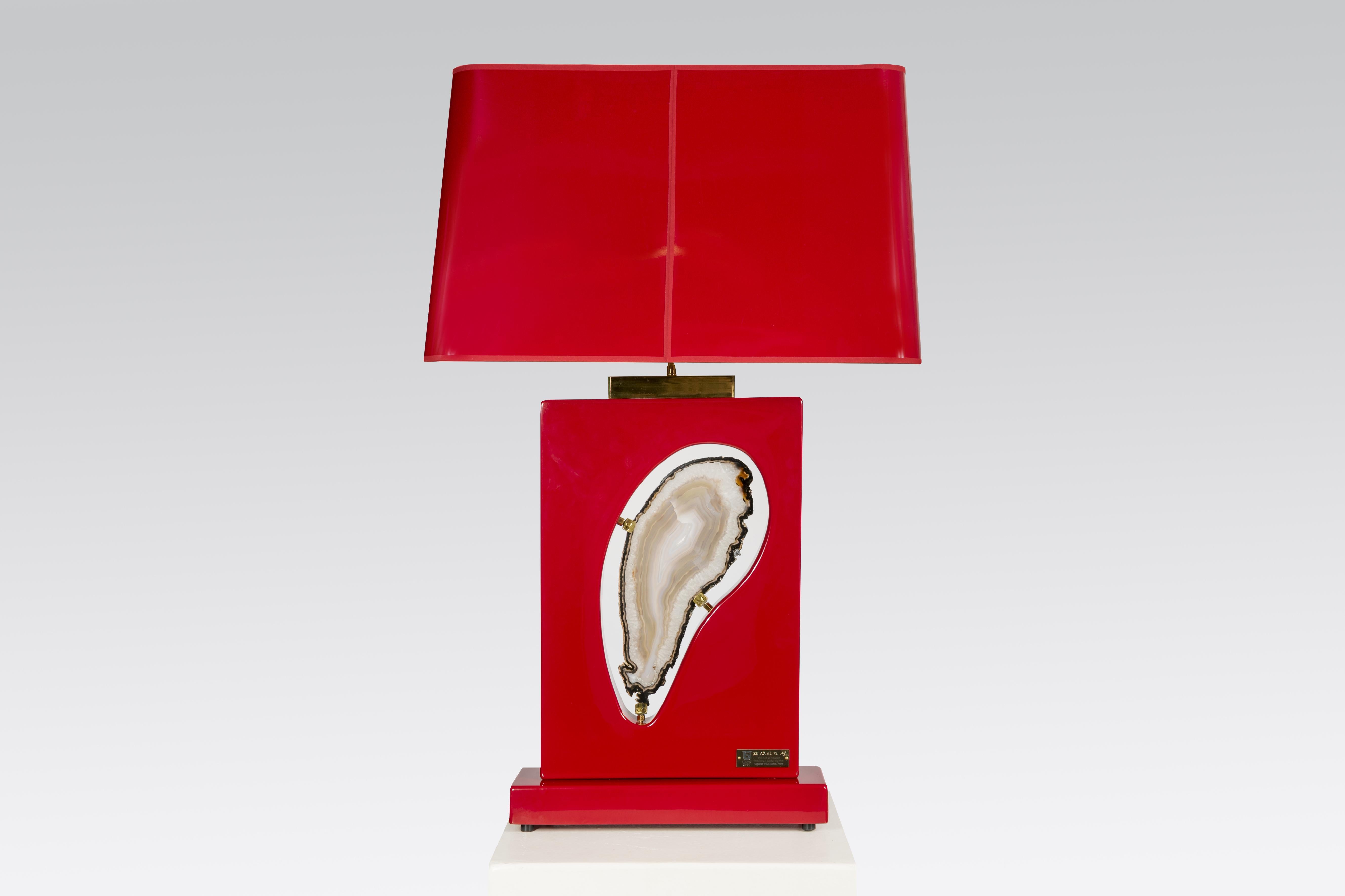 Belgian Pair of Tables Lamps Red Resin and Agate by Stan Usel For Sale