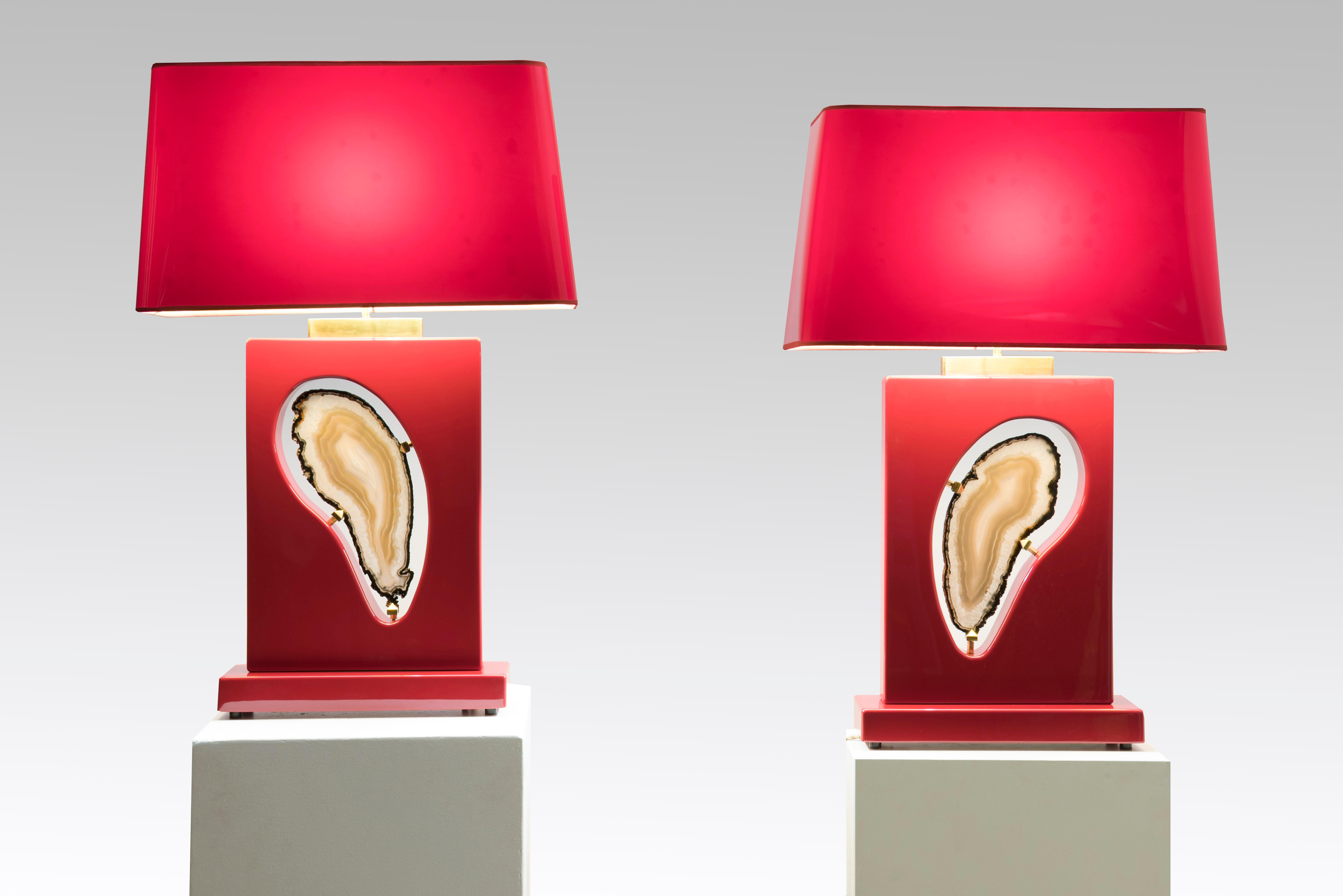 Contemporary Pair of Tables Lamps Red Resin and Agate by Stan Usel For Sale