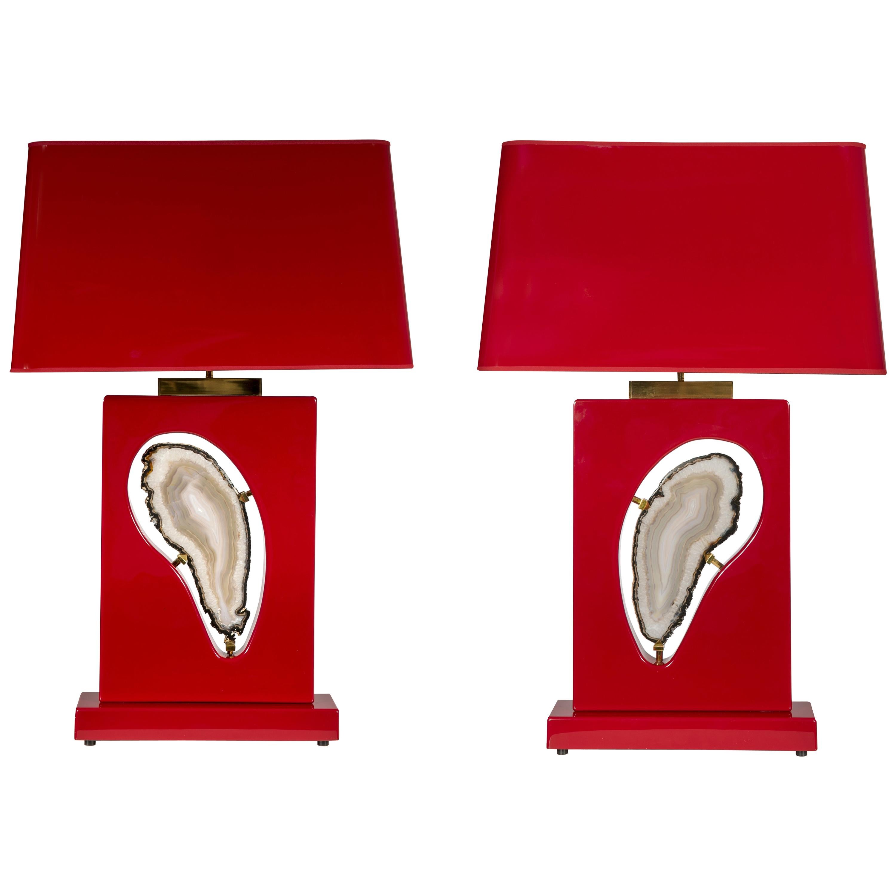Pair of Tables Lamps Red Resin and Agate by Stan Usel For Sale