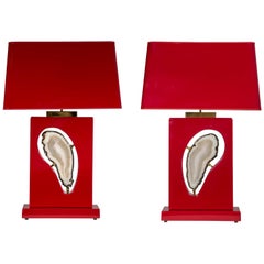 Paire de lampes de bureau en résine rouge et agate par Stan Usel