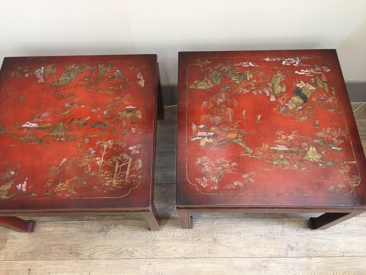 Chinese Export Pair of Tables, Red Lacquer, China, Decoration, 20th Century