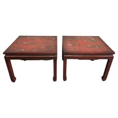 Pair of Tables, Red Lacquer, China, Decoration, 20th Century