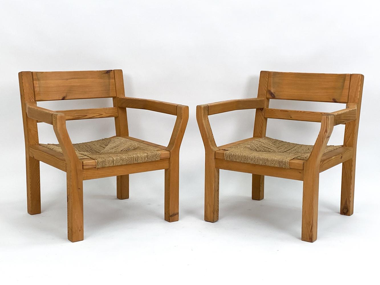 Scandinavian Modern Pair of Tage Poulsen Pine & Rush Seat Lounge Chairs, c. 1970's For Sale
