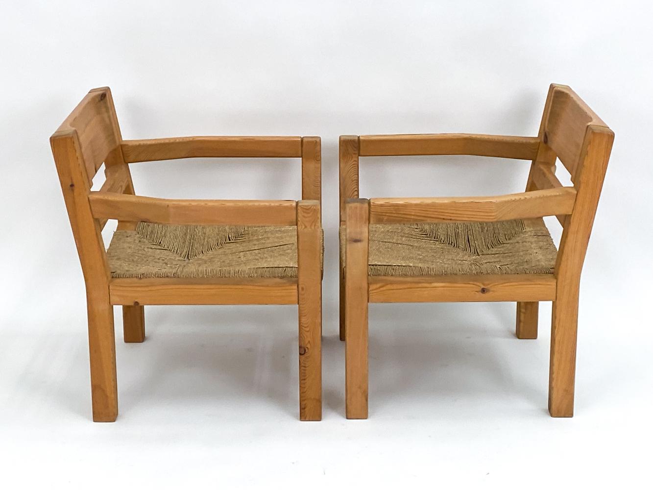 Late 20th Century Pair of Tage Poulsen Pine & Rush Seat Lounge Chairs, c. 1970's For Sale