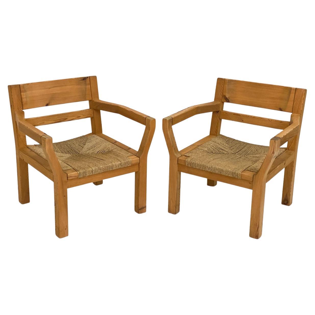 Pair of Tage Poulsen Pine & Rush Seat Lounge Chairs, c. 1970's For Sale