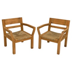 Pair of Tage Poulsen Pine & Rush Seat Lounge Chairs, c. 1970's