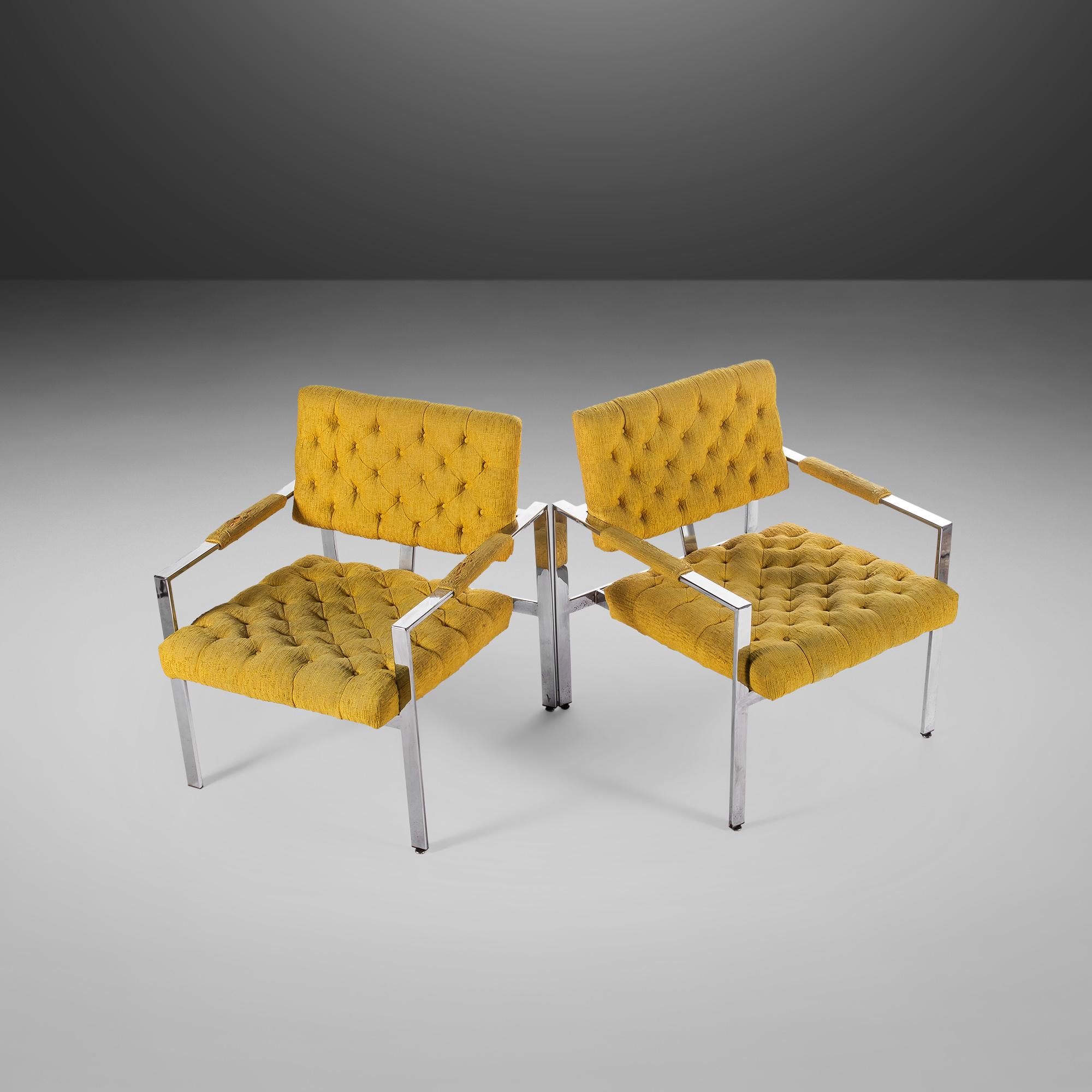 Pair of Chrome Lounge Chairs by Milo Baughman for Thayer Coggin, USA, c. 1970's In Distressed Condition For Sale In Deland, FL