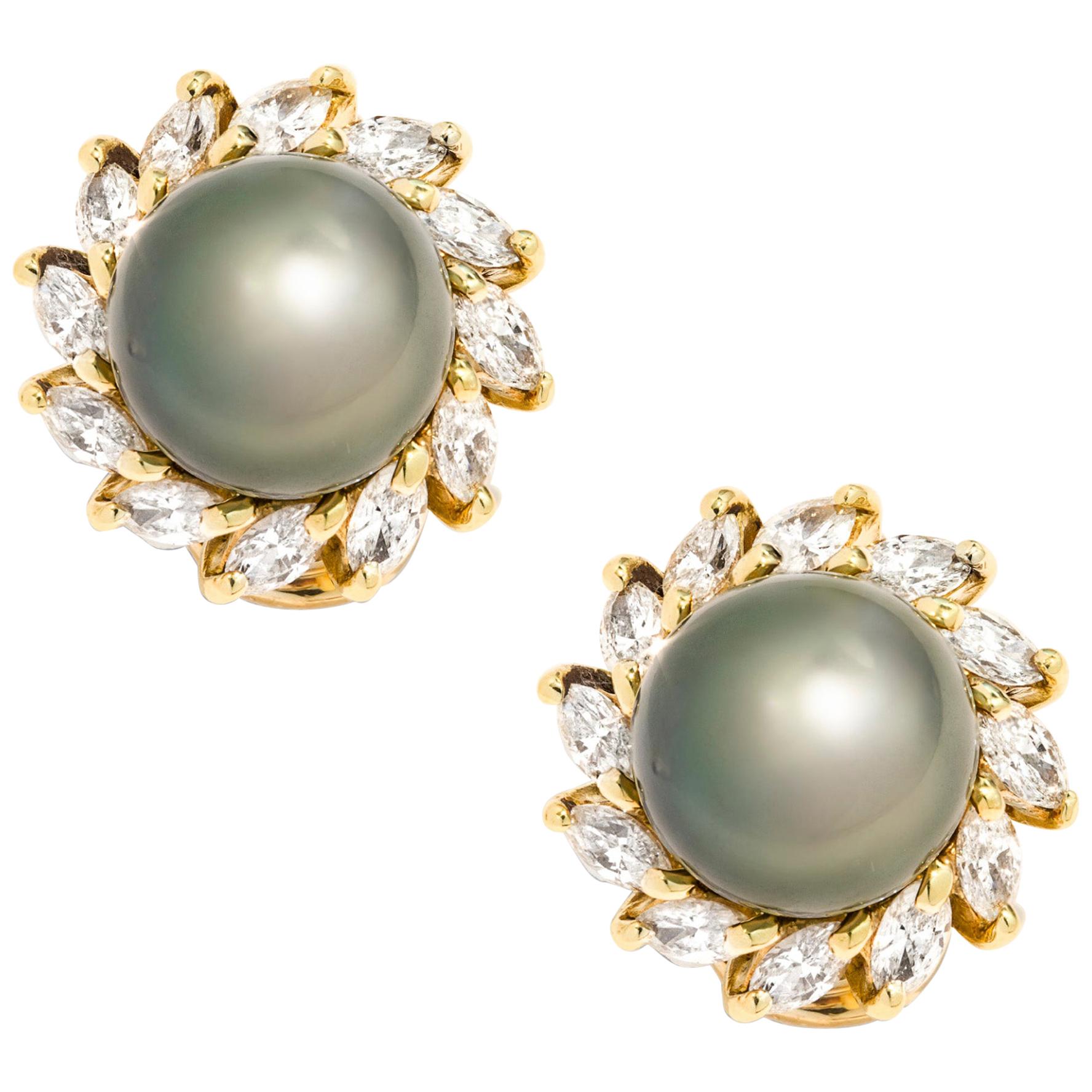 A Pair Of Tahitian Cultured Pearl And Diamond Earrings For Sale