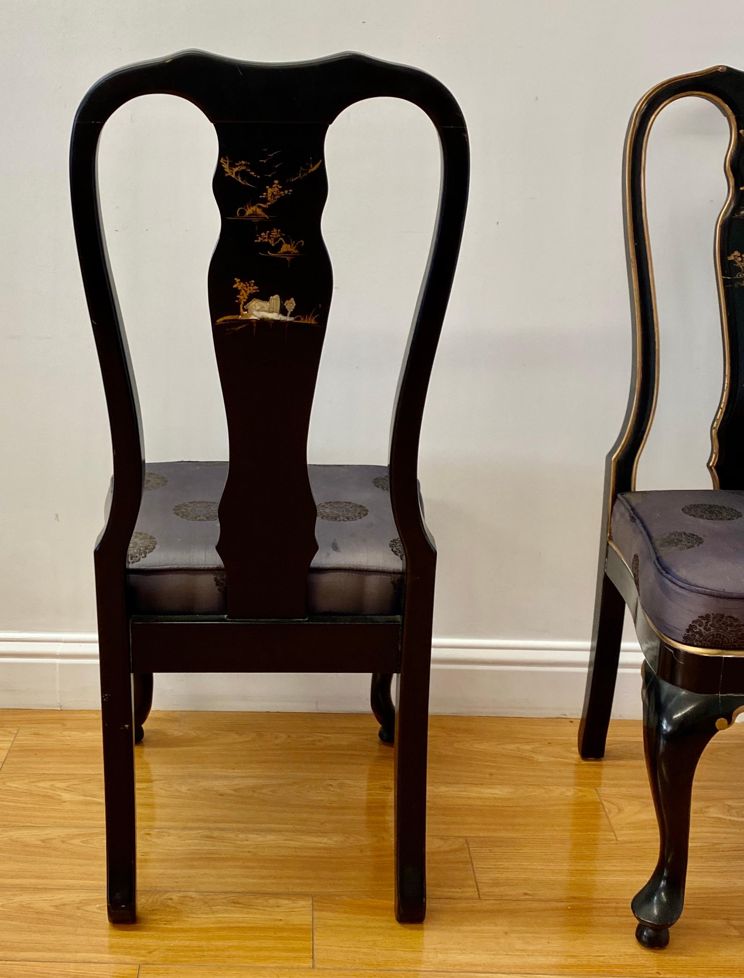 Pair of Asain Black Lacquer and Mother of Pearl Inlay Side Chairs 20th C. 3
