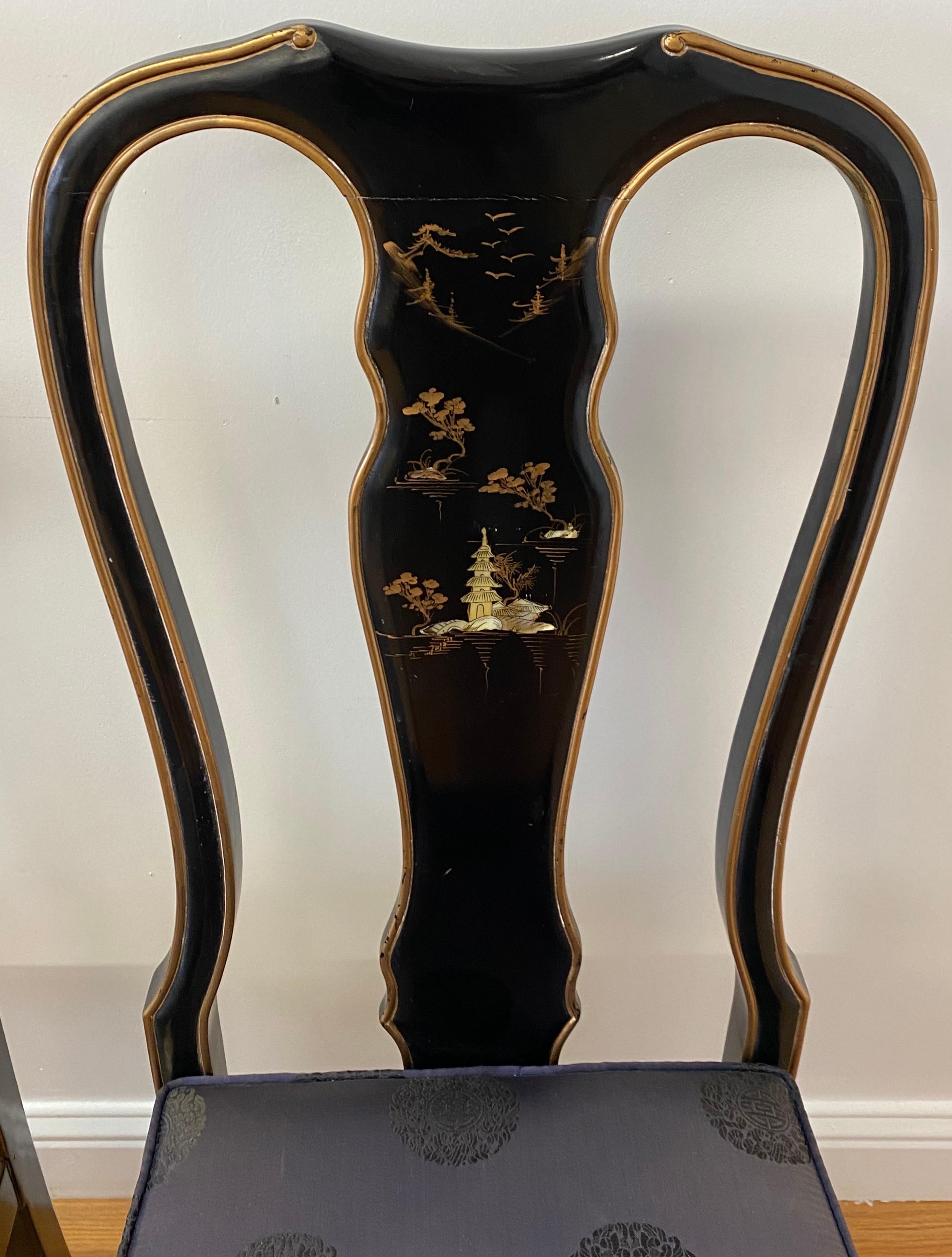 Unknown Pair of Asain Black Lacquer and Mother of Pearl Inlay Side Chairs 20th C.