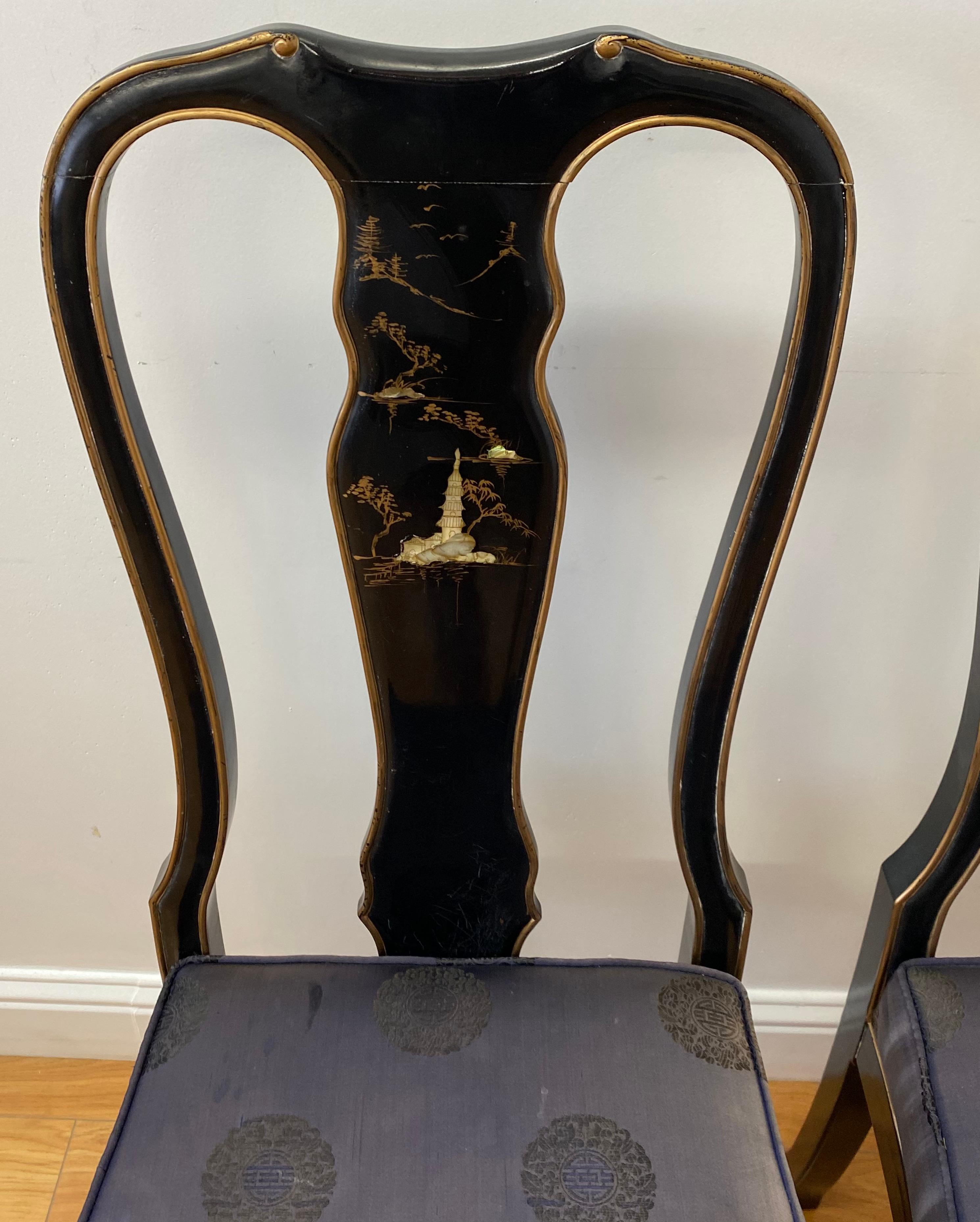 Lacquered Pair of Asain Black Lacquer and Mother of Pearl Inlay Side Chairs 20th C. For Sale