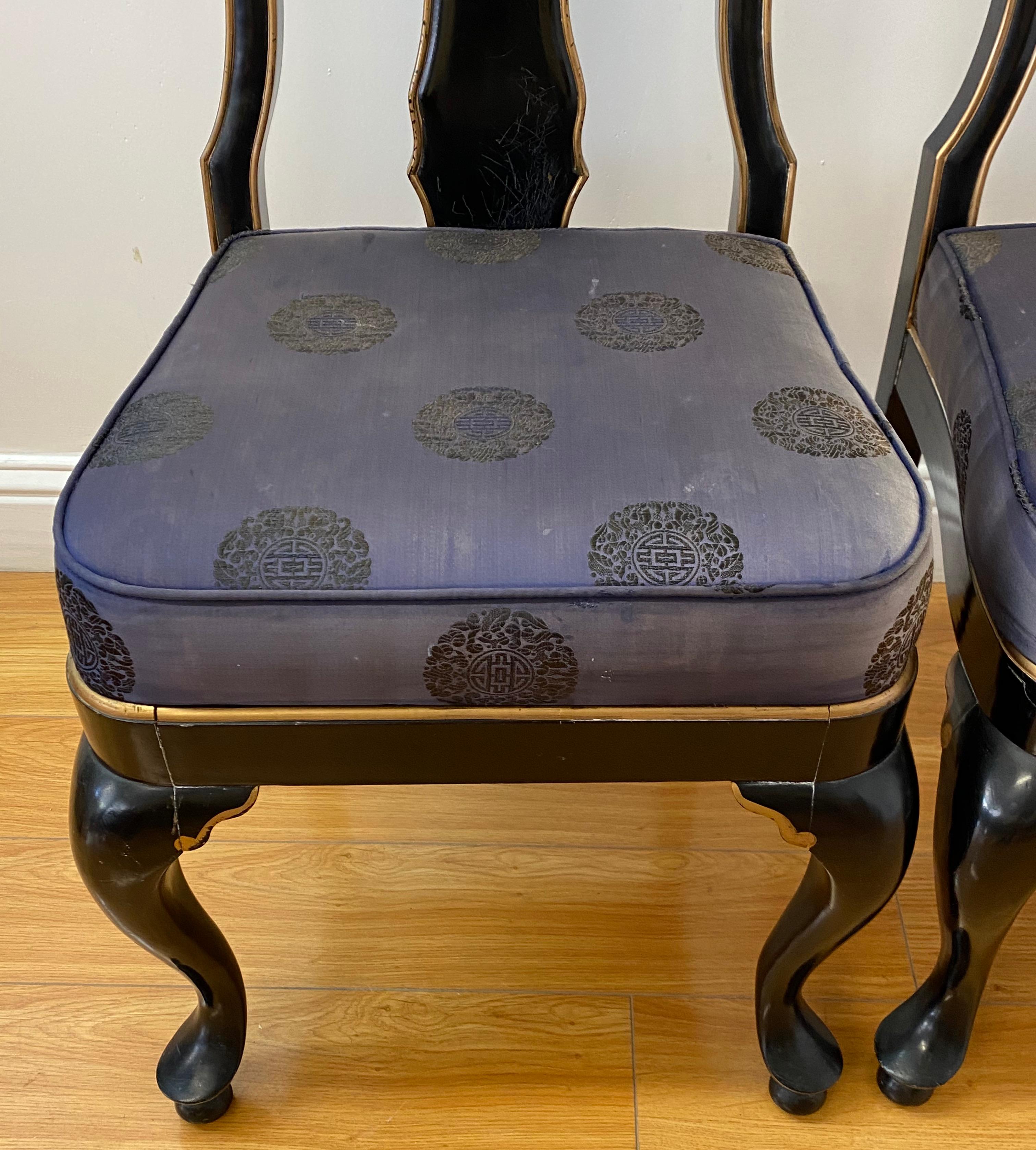 Pair of Asain Black Lacquer and Mother of Pearl Inlay Side Chairs 20th C. In Good Condition For Sale In San Francisco, CA