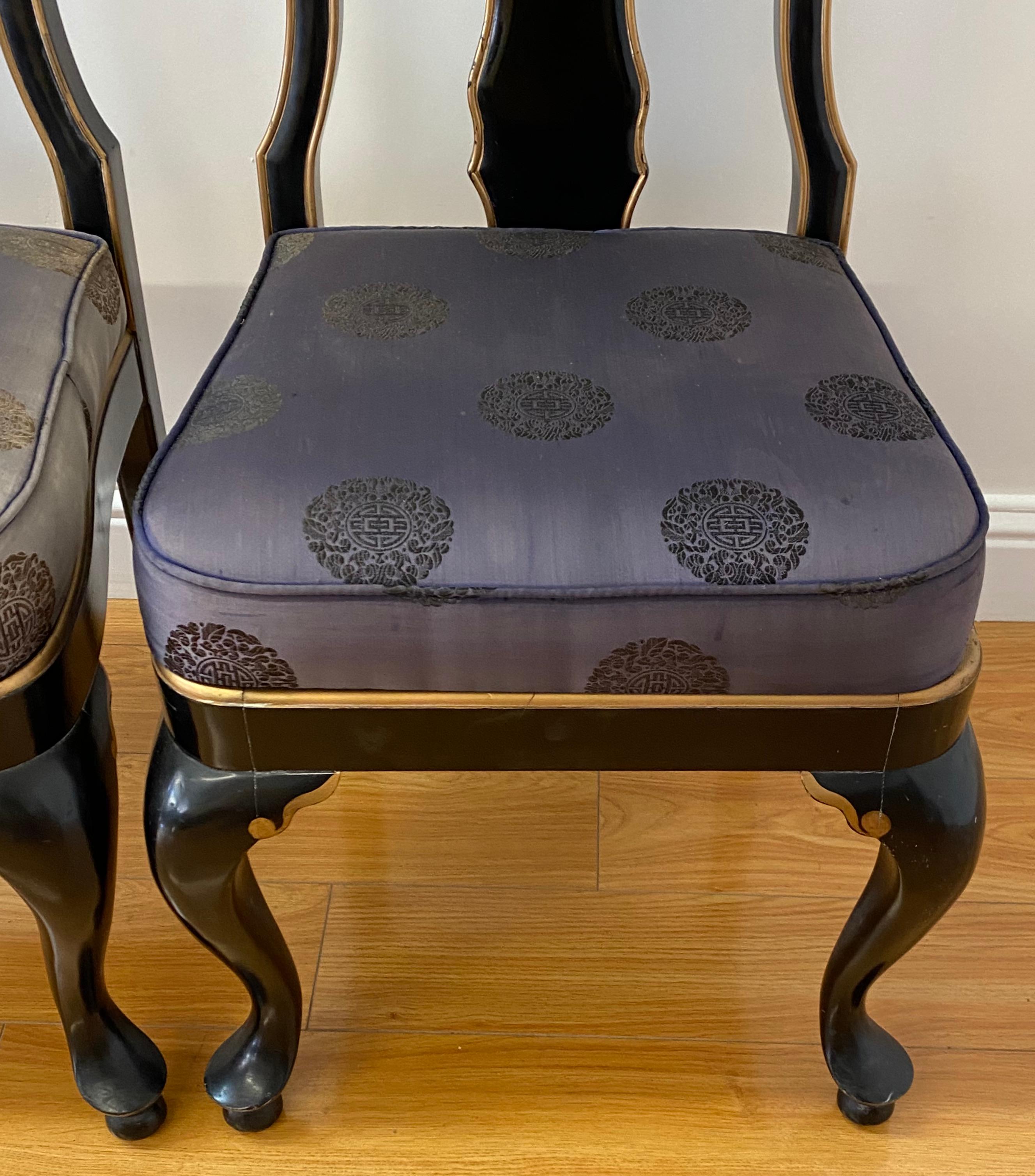 20th Century Pair of Asain Black Lacquer and Mother of Pearl Inlay Side Chairs 20th C. For Sale