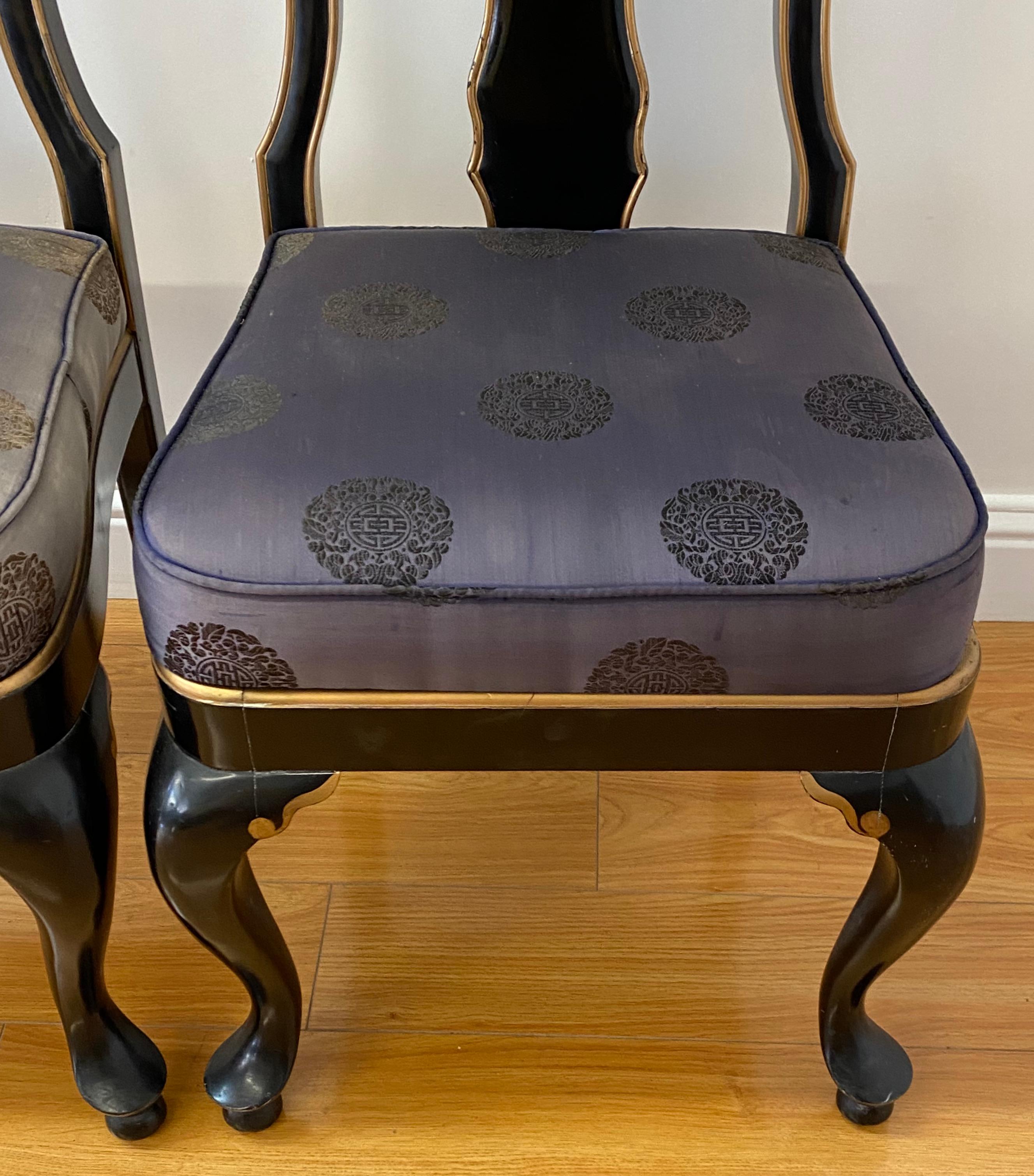 Mother-of-Pearl Pair of Asain Black Lacquer and Mother of Pearl Inlay Side Chairs 20th C.