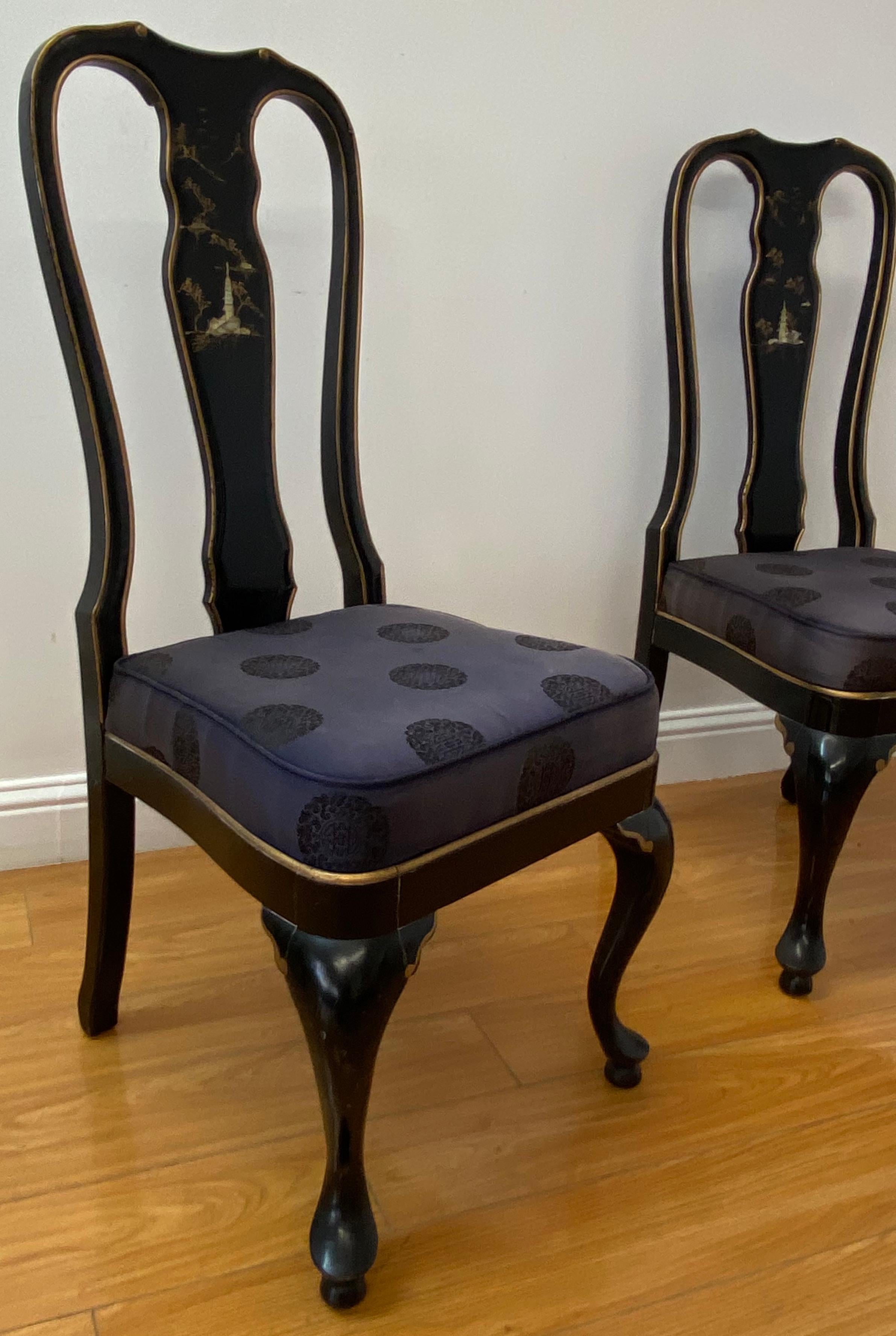 Mother-of-Pearl Pair of Asain Black Lacquer and Mother of Pearl Inlay Side Chairs 20th C. For Sale