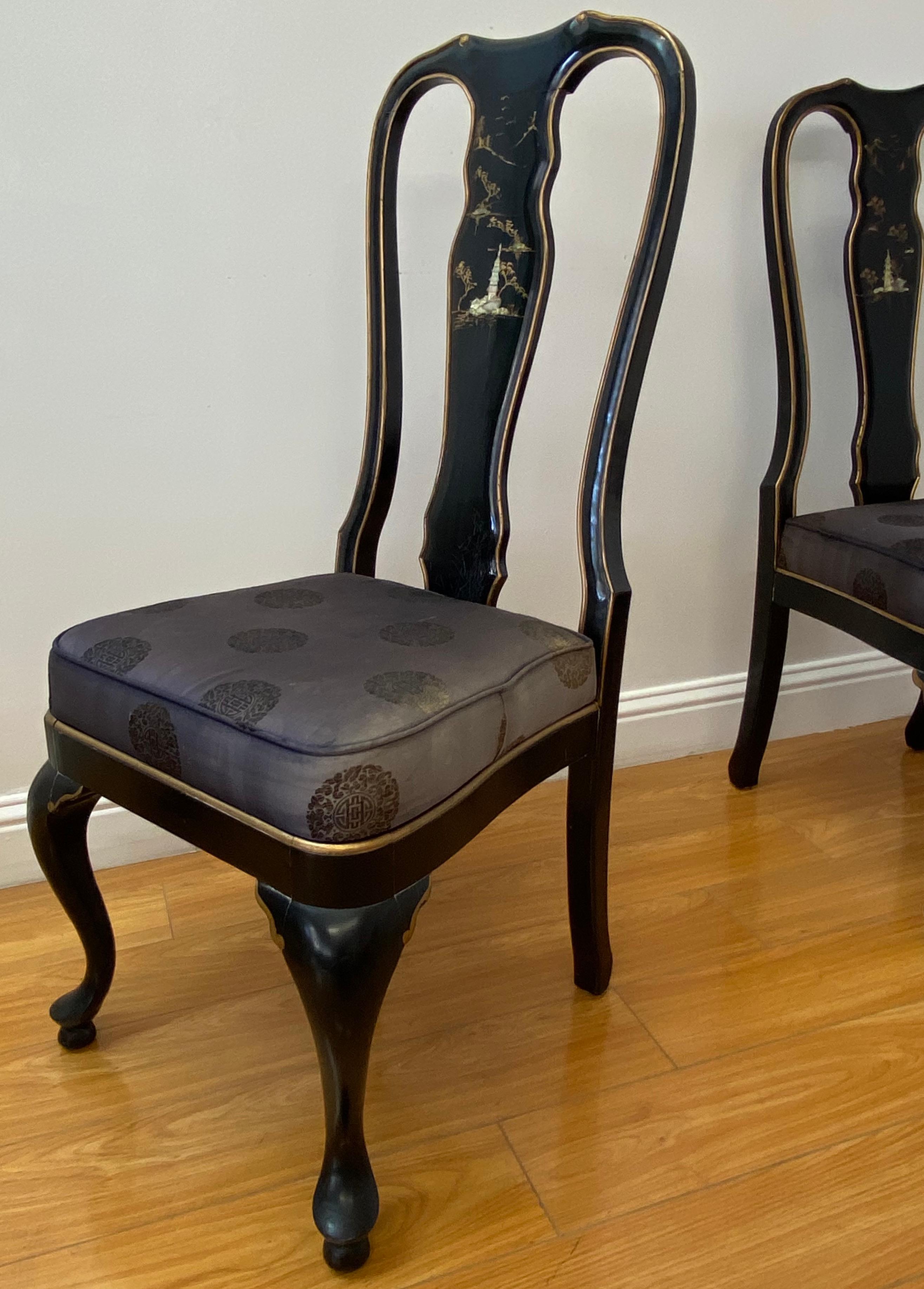 Pair of Asain Black Lacquer and Mother of Pearl Inlay Side Chairs 20th C. For Sale 1