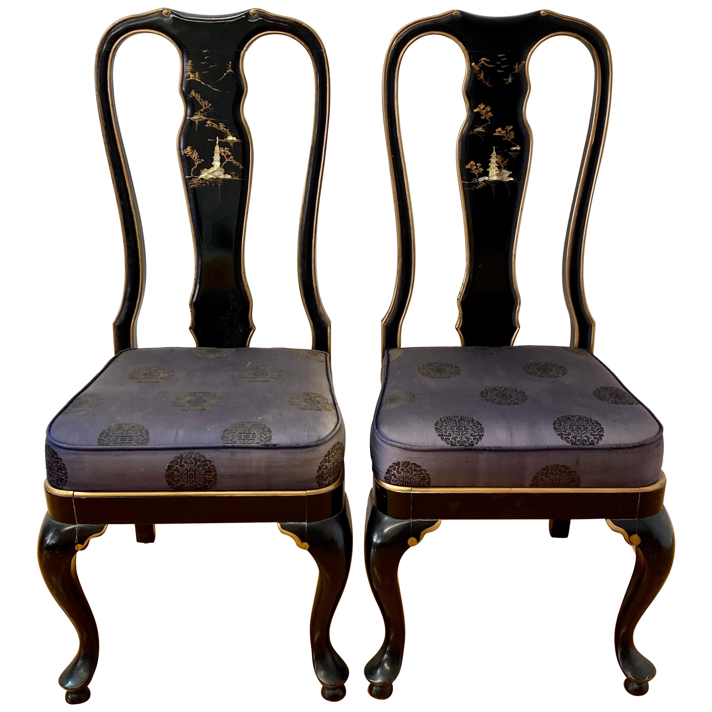 Pair of Asain Black Lacquer and Mother of Pearl Inlay Side Chairs 20th C. For Sale