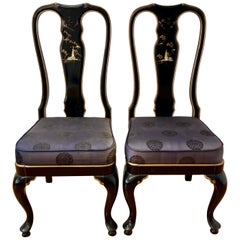 Antique Pair of Asain Black Lacquer and Mother of Pearl Inlay Side Chairs 20th C.