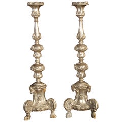 Pair of Tall 17th Century Silverleaf Candlesticks from Italy