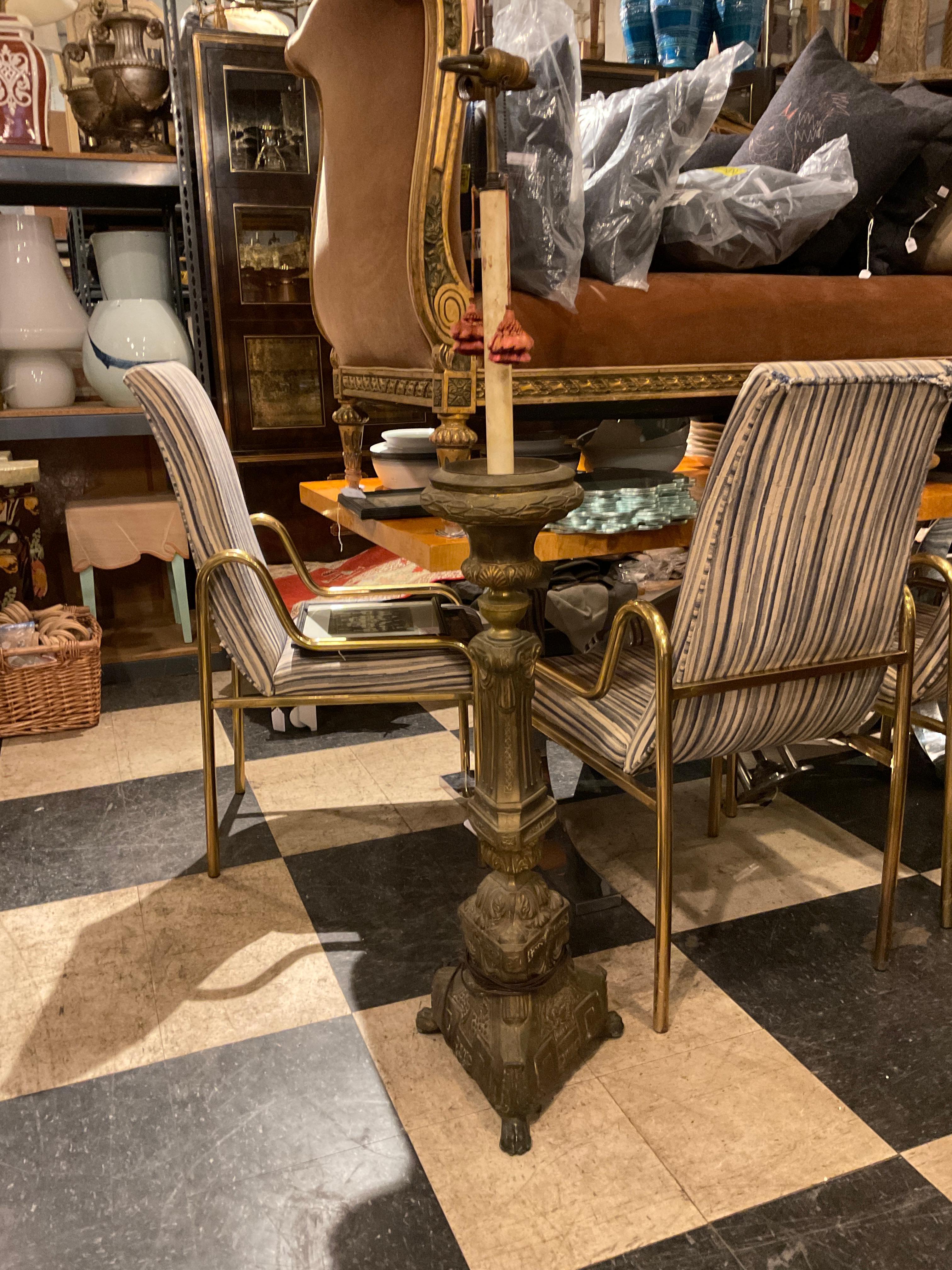 Pair of Tall 1870s Brass Church Candlestick Lamps For Sale 9