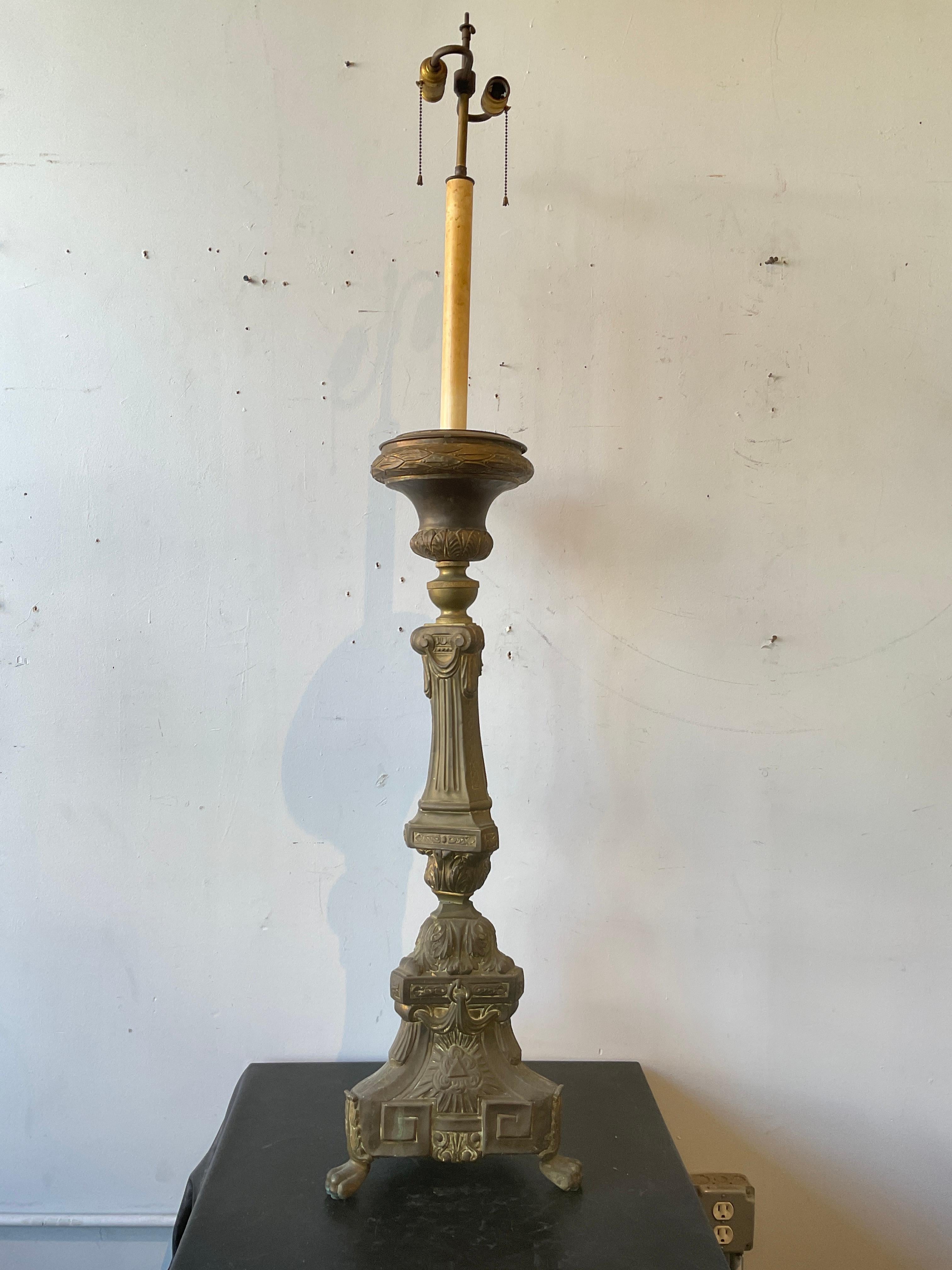 Late 19th Century Pair of Tall 1870s Brass Church Candlestick Lamps For Sale