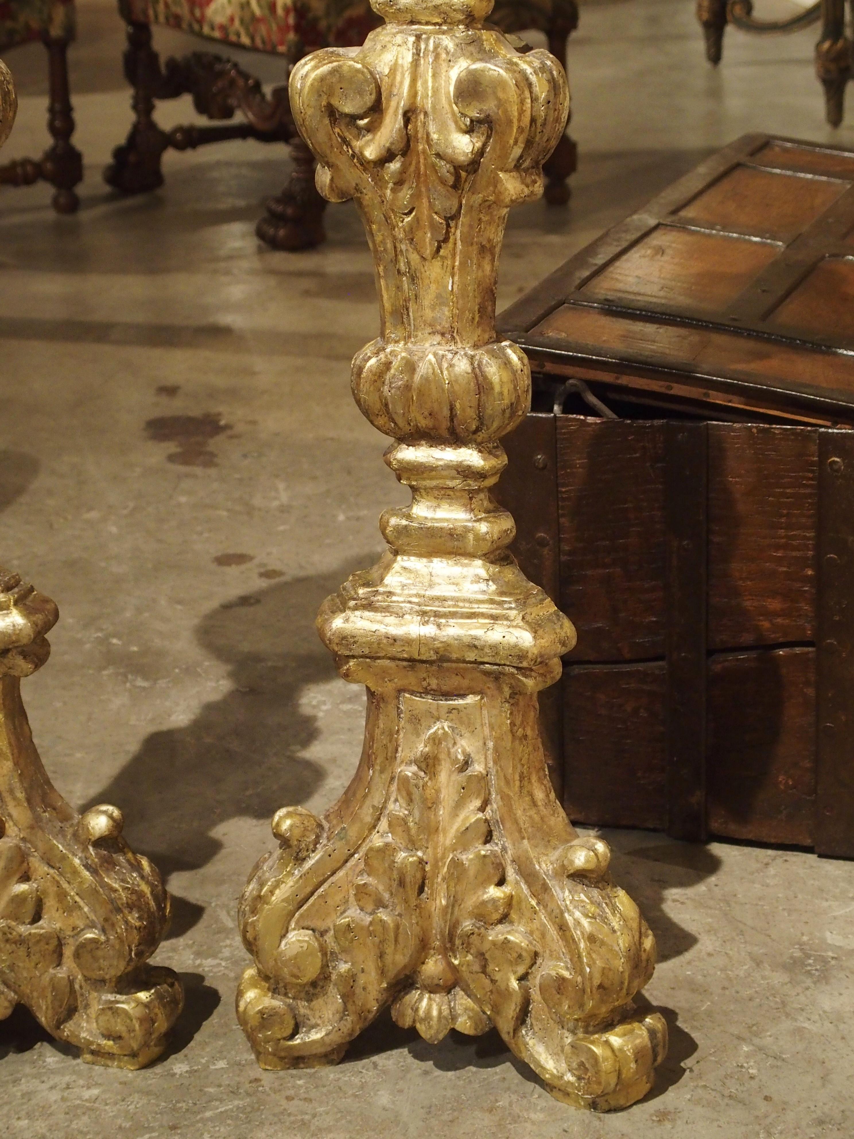 Pair of Tall 18th Century Giltwood Altar Candlesticks from France 12