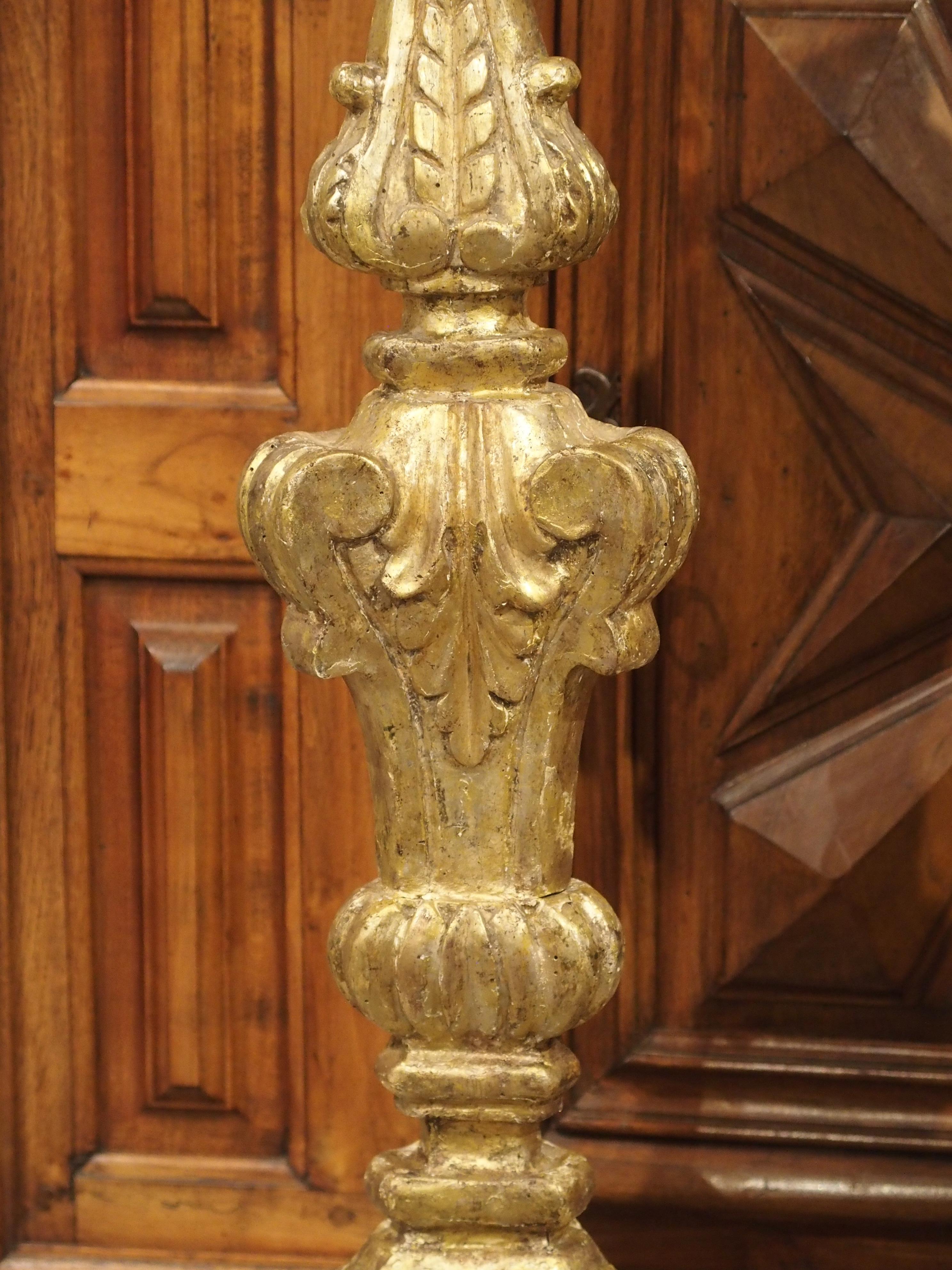Pair of Tall 18th Century Giltwood Altar Candlesticks from France In Good Condition In Dallas, TX