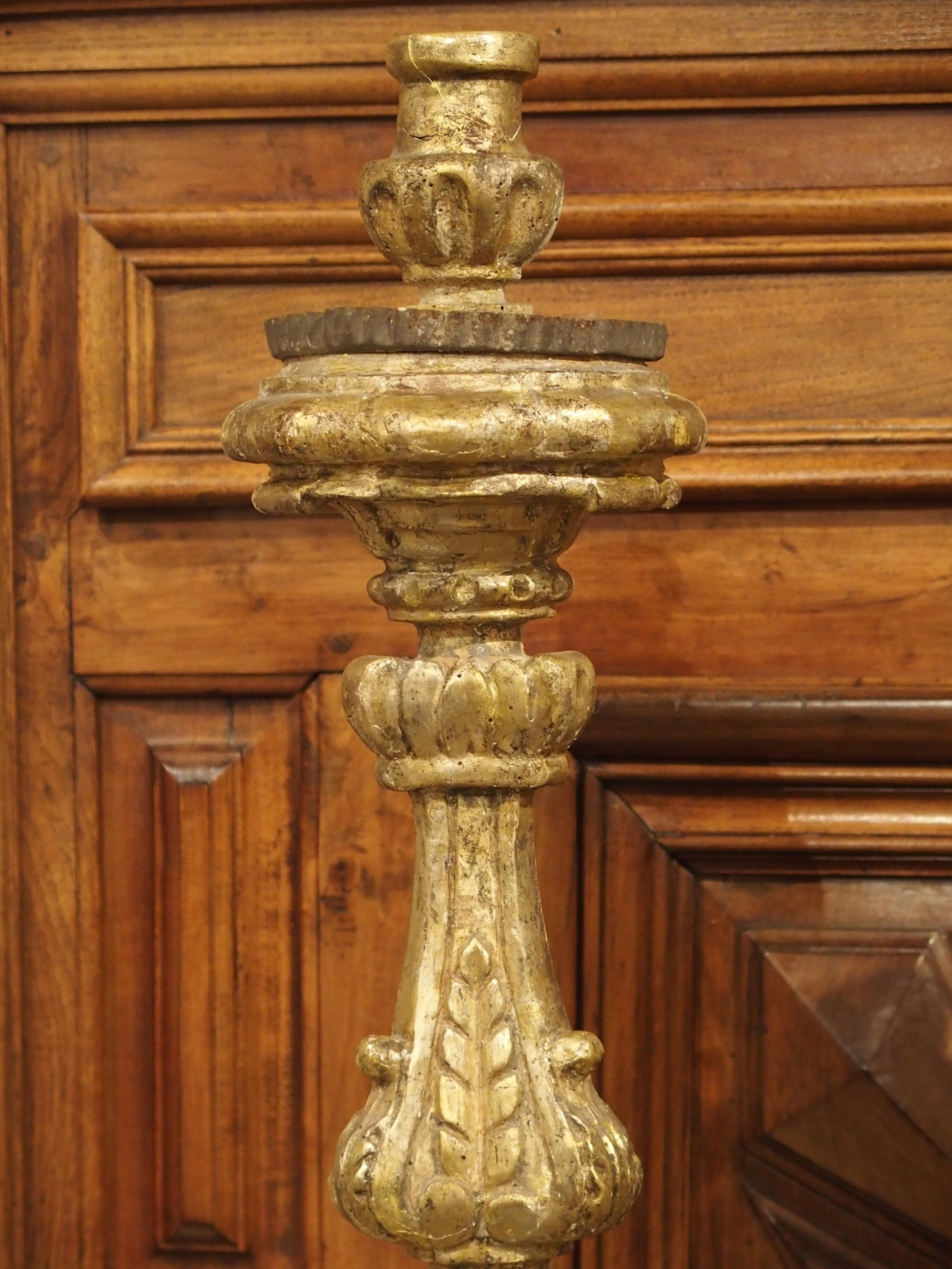 18th Century and Earlier Pair of Tall 18th Century Giltwood Altar Candlesticks from France