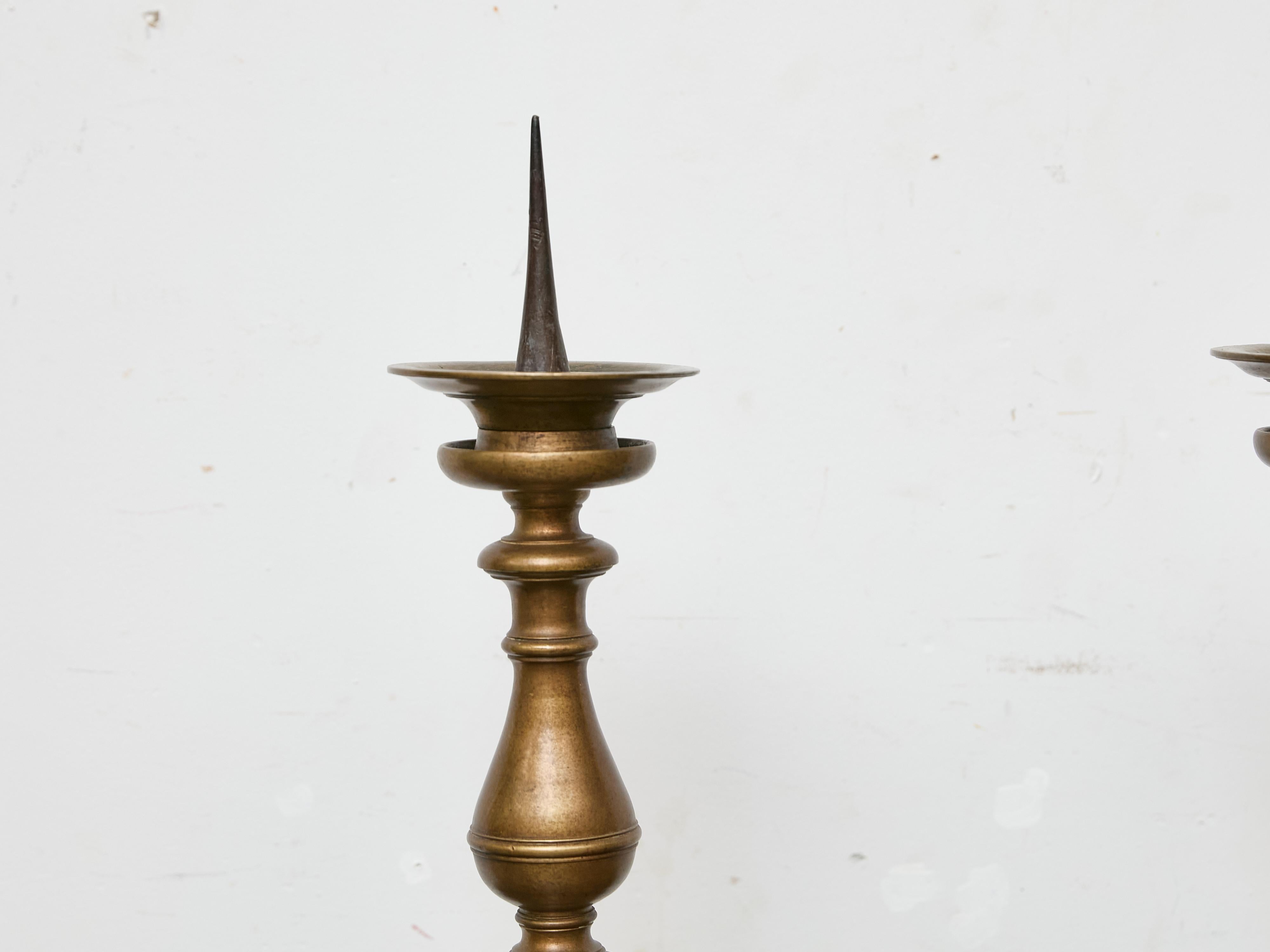 Pair of Tall 18th Century Italian Bronze Pricket Candlesticks For Sale 11