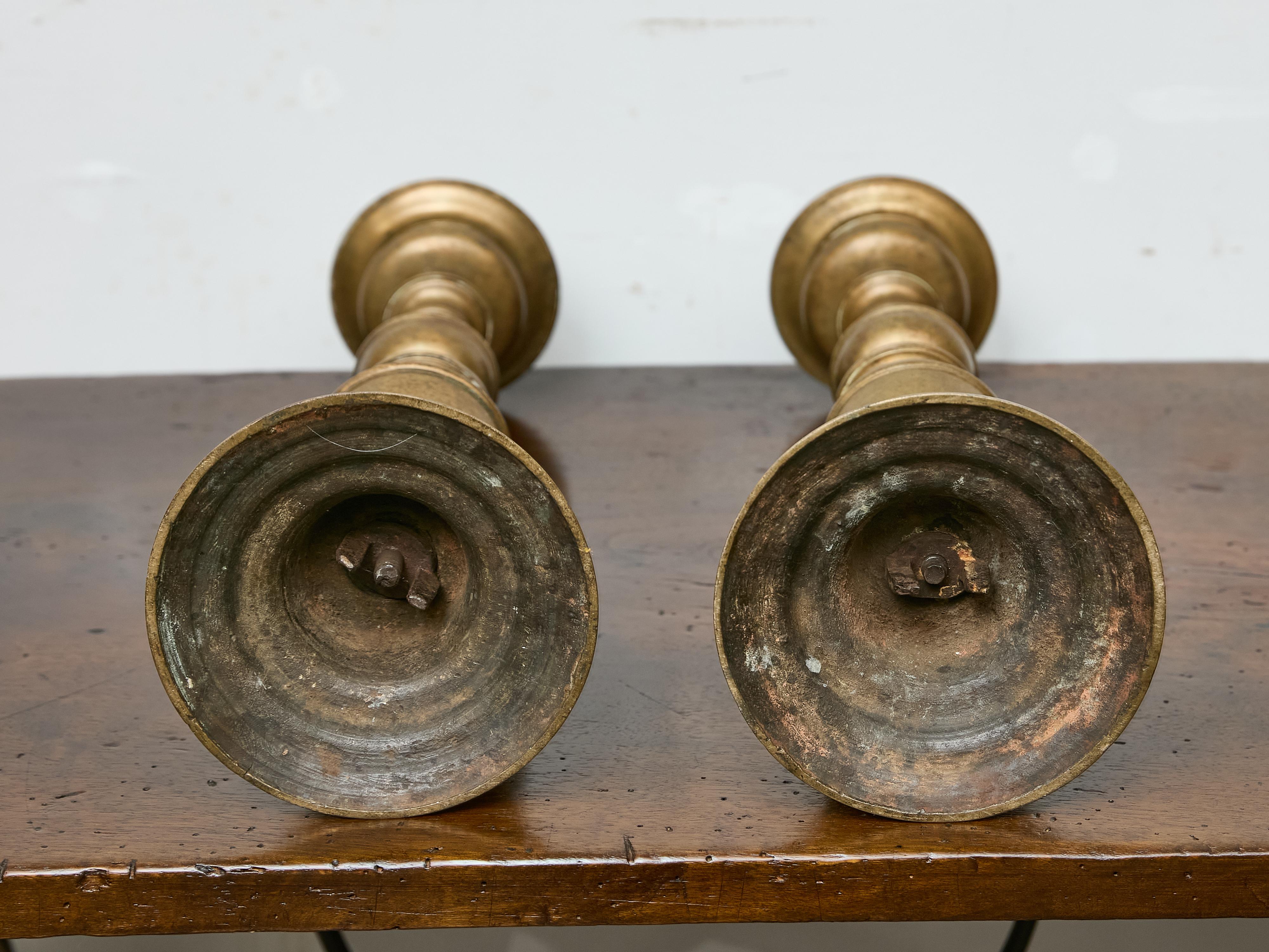 Pair of Tall 18th Century Italian Bronze Pricket Candlesticks For Sale 13
