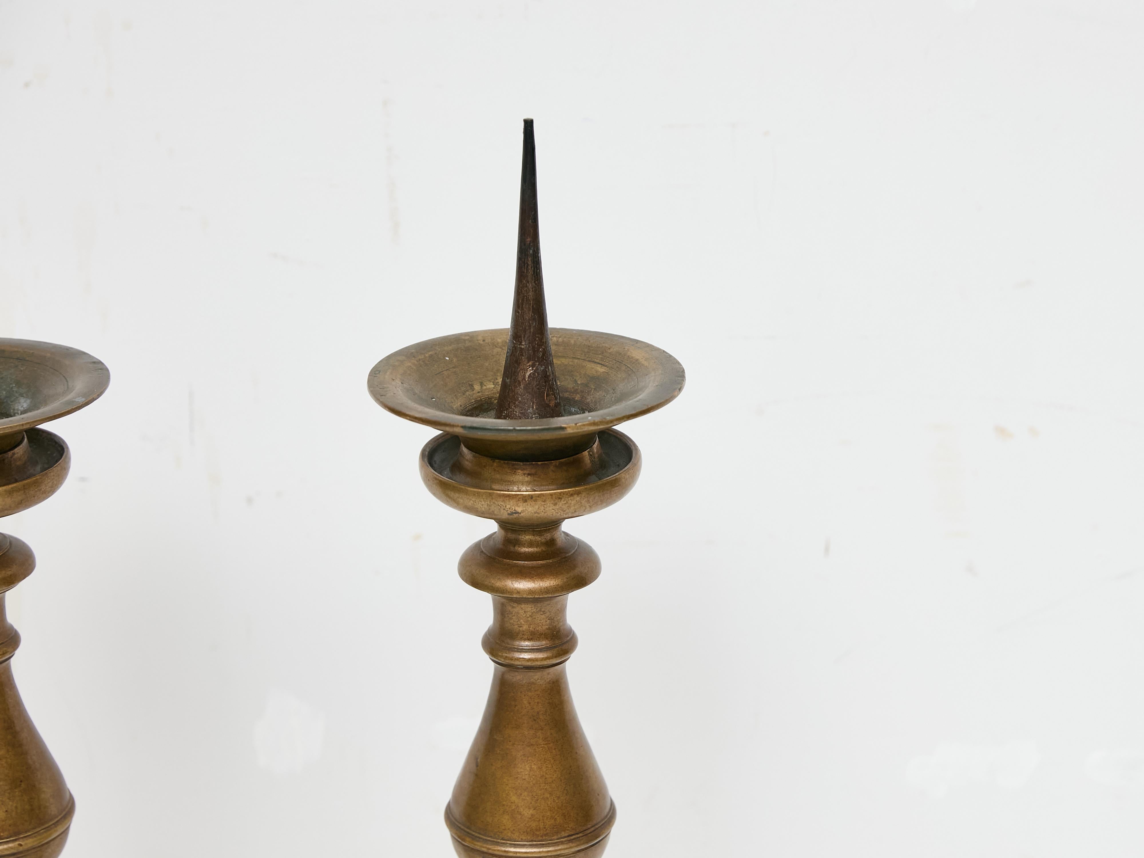 18th Century and Earlier Pair of Tall 18th Century Italian Bronze Pricket Candlesticks For Sale