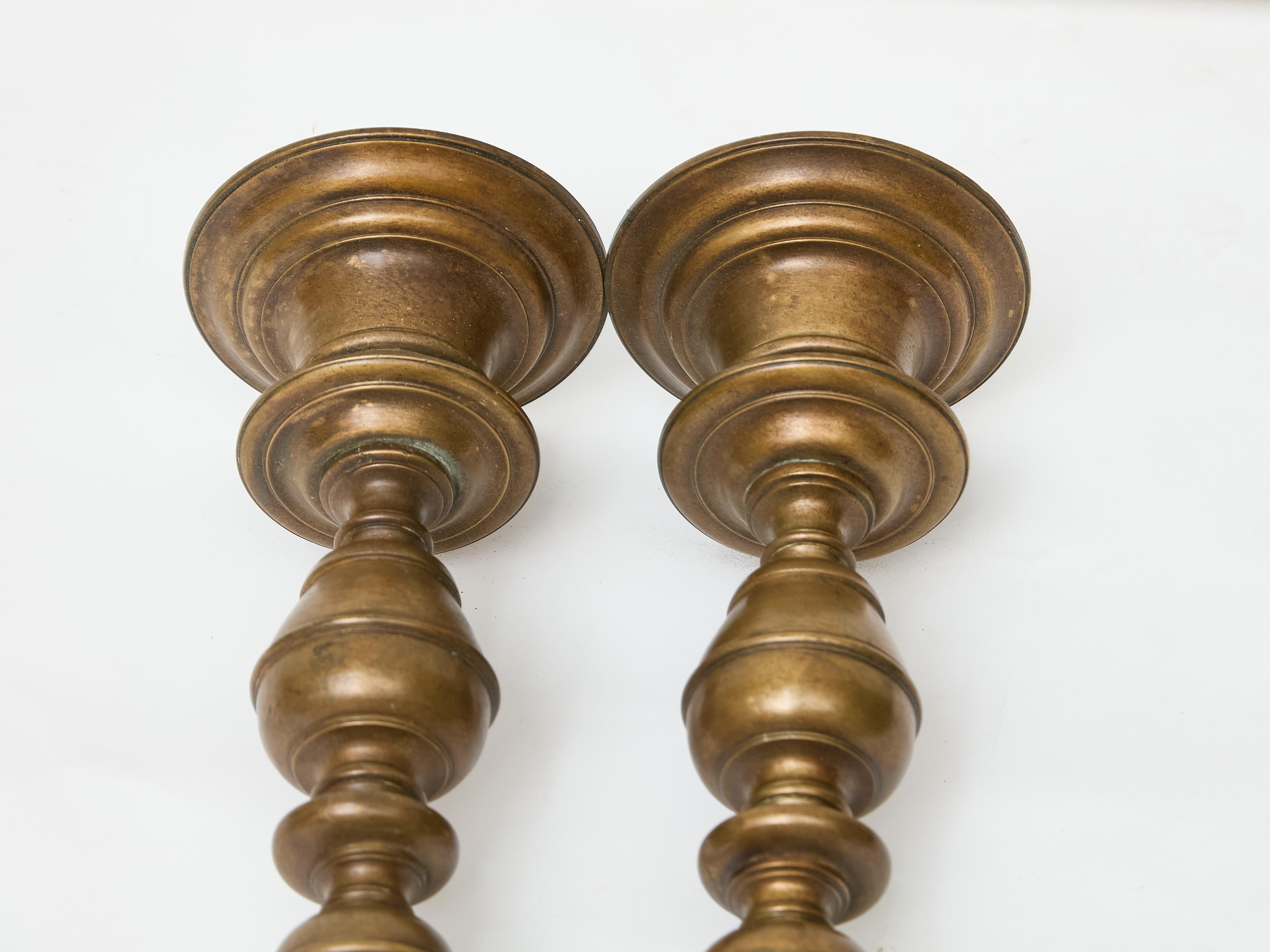 Pair of Tall 18th Century Italian Bronze Pricket Candlesticks For Sale 3