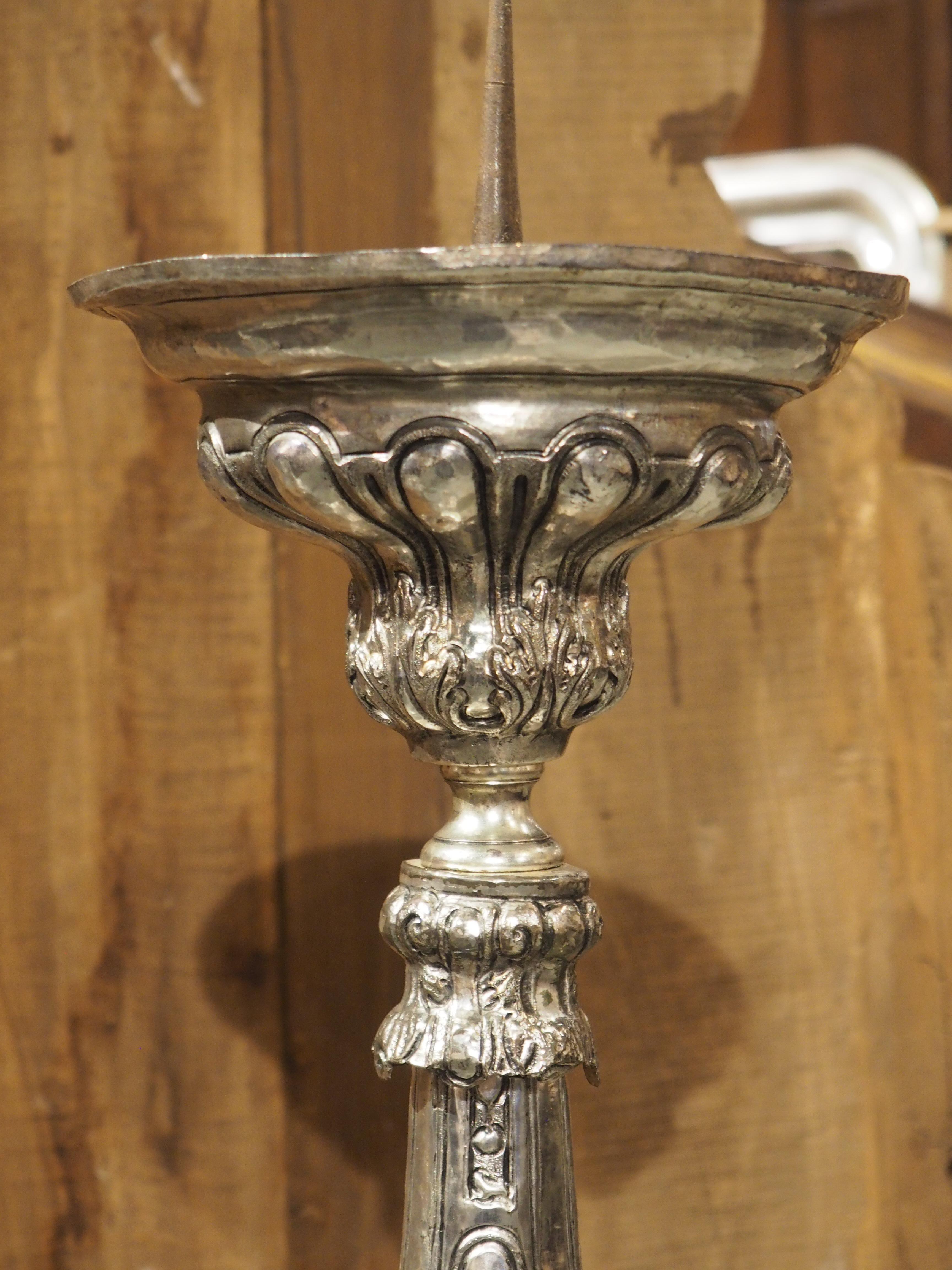 Pair of Tall 18th Century Silvered Brass Candlesticks from France For Sale 4