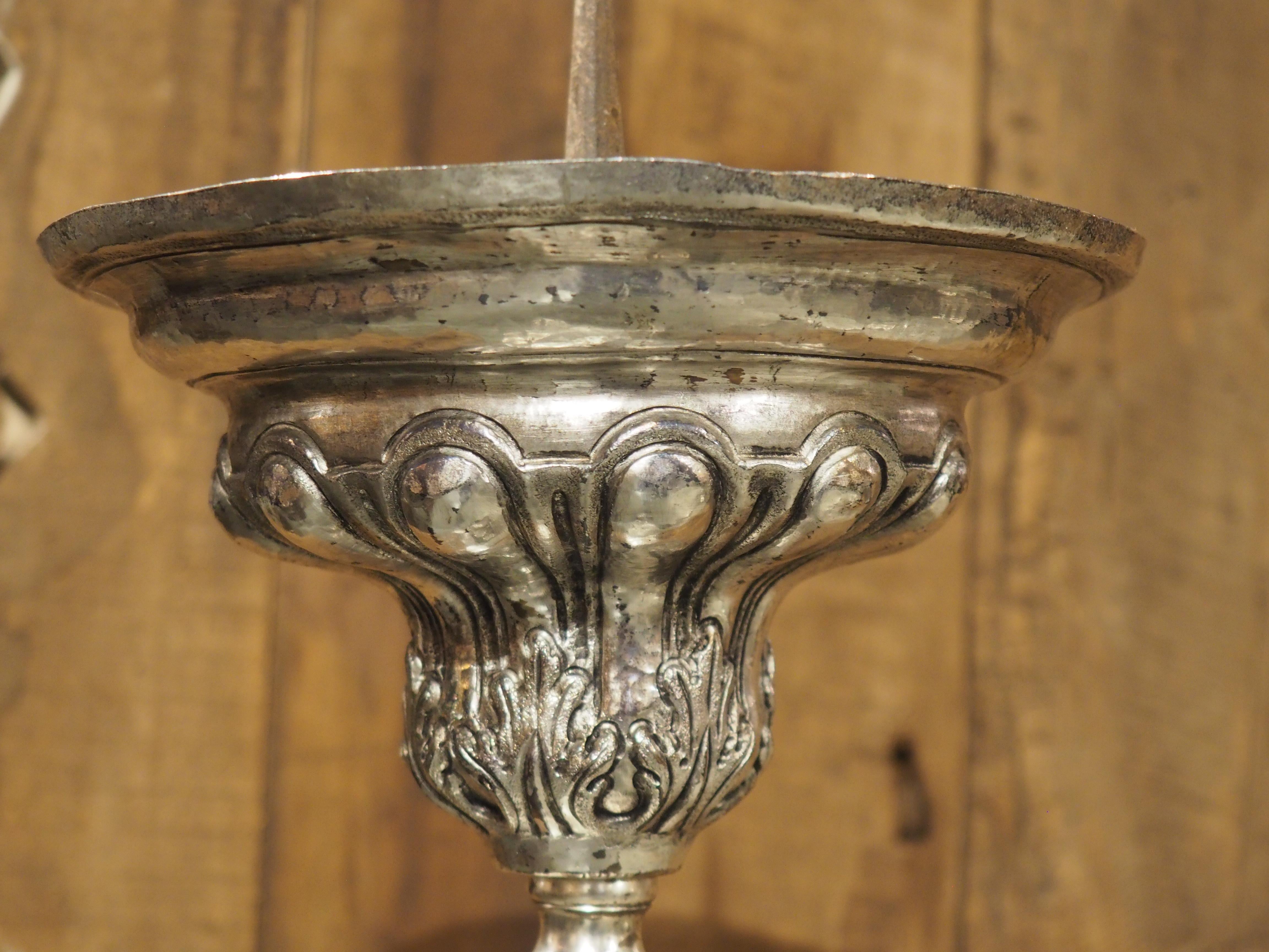 Pair of Tall 18th Century Silvered Brass Candlesticks from France For Sale 5