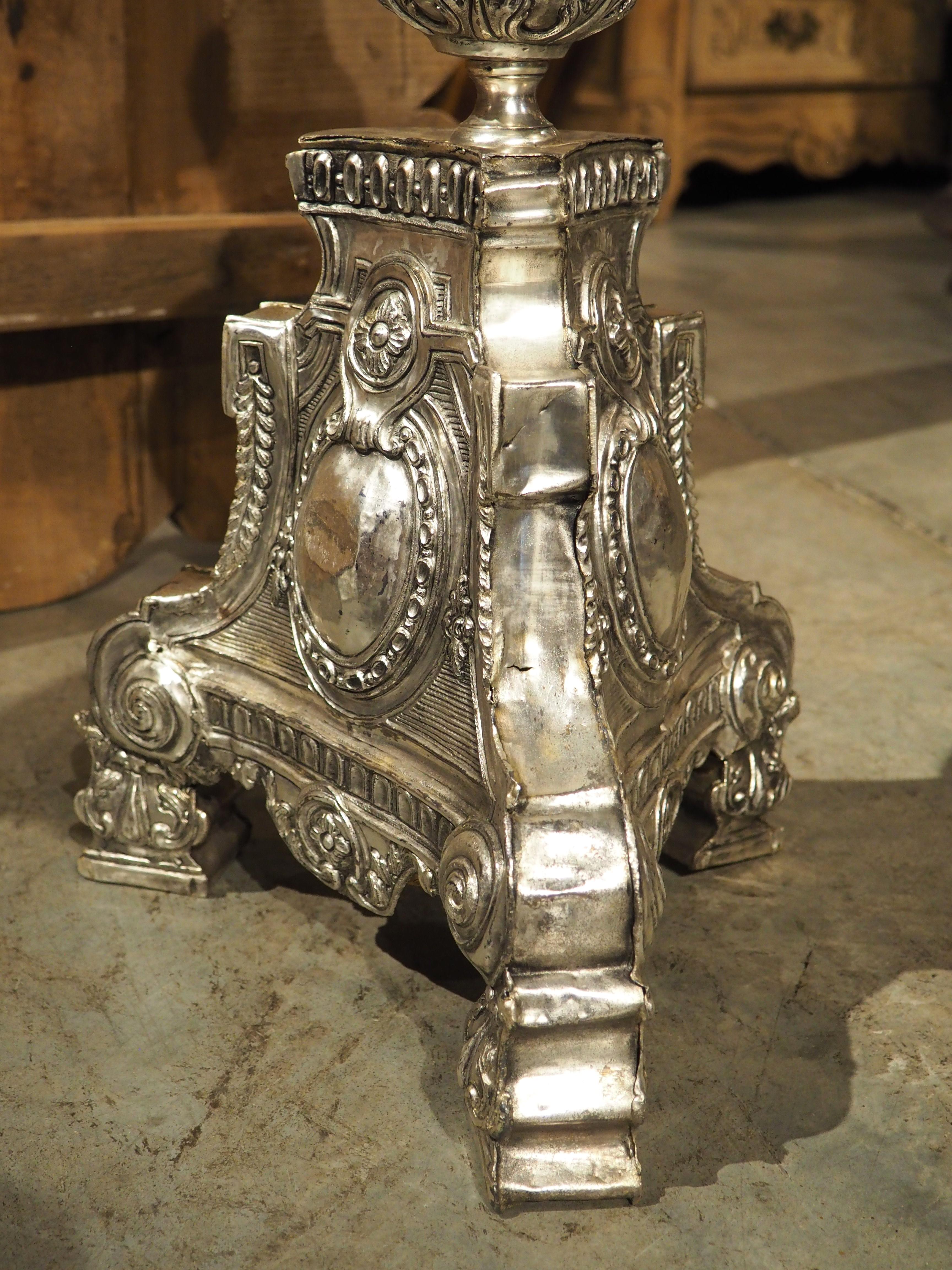Pair of Tall 18th Century Silvered Brass Candlesticks from France For Sale 6