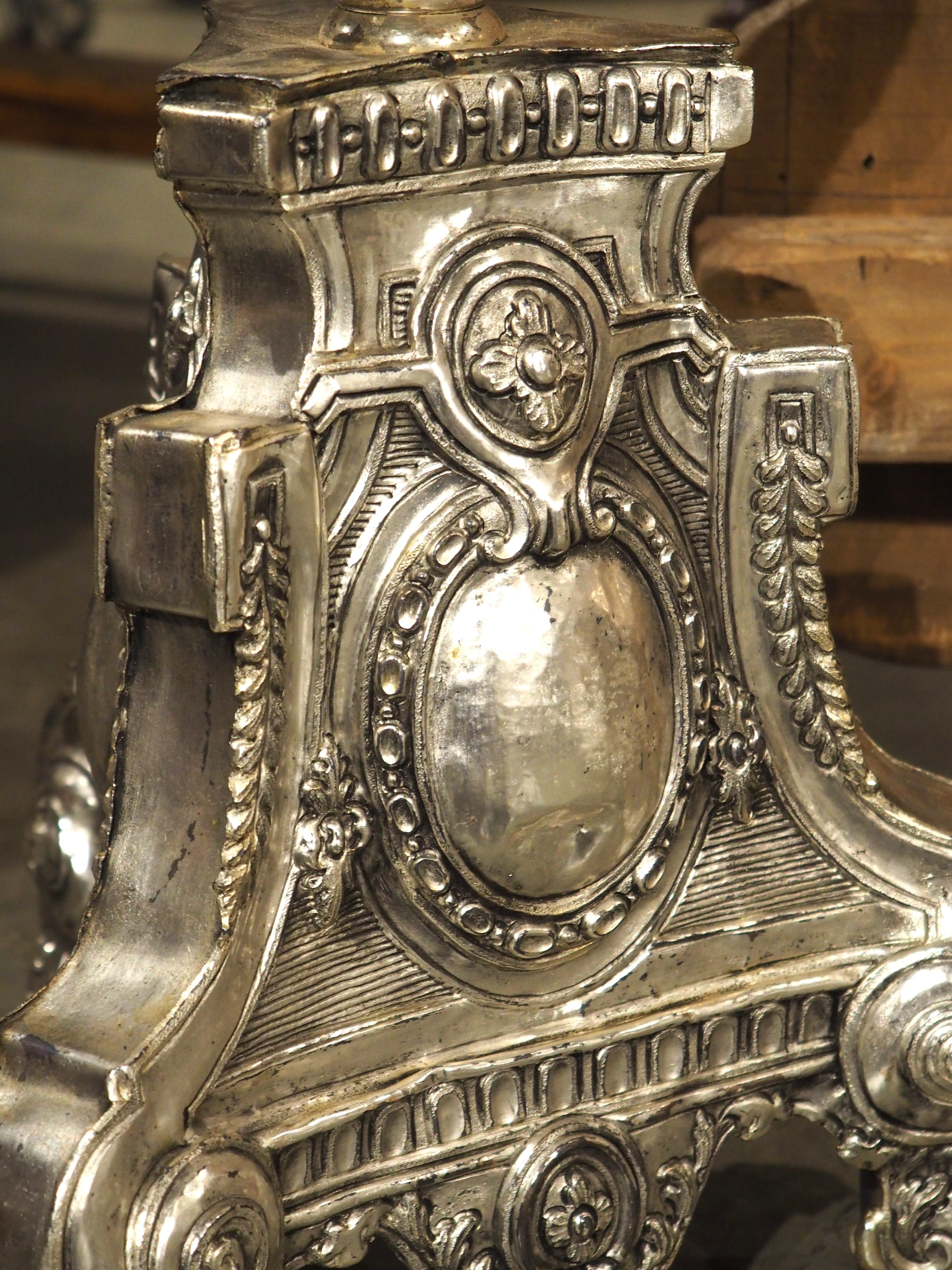 Pair of Tall 18th Century Silvered Brass Candlesticks from France For Sale 7