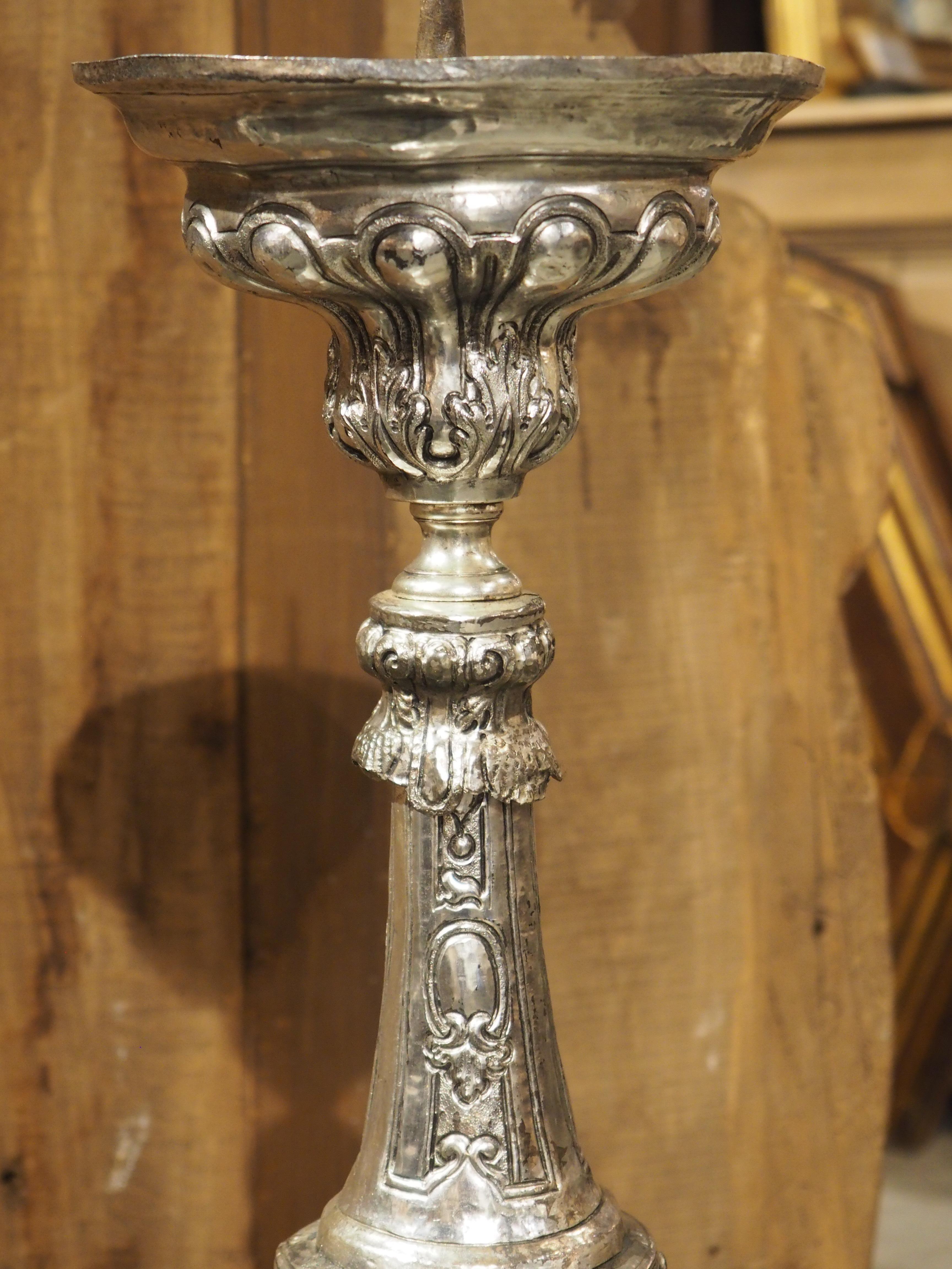 Pair of Tall 18th Century Silvered Brass Candlesticks from France For Sale 8