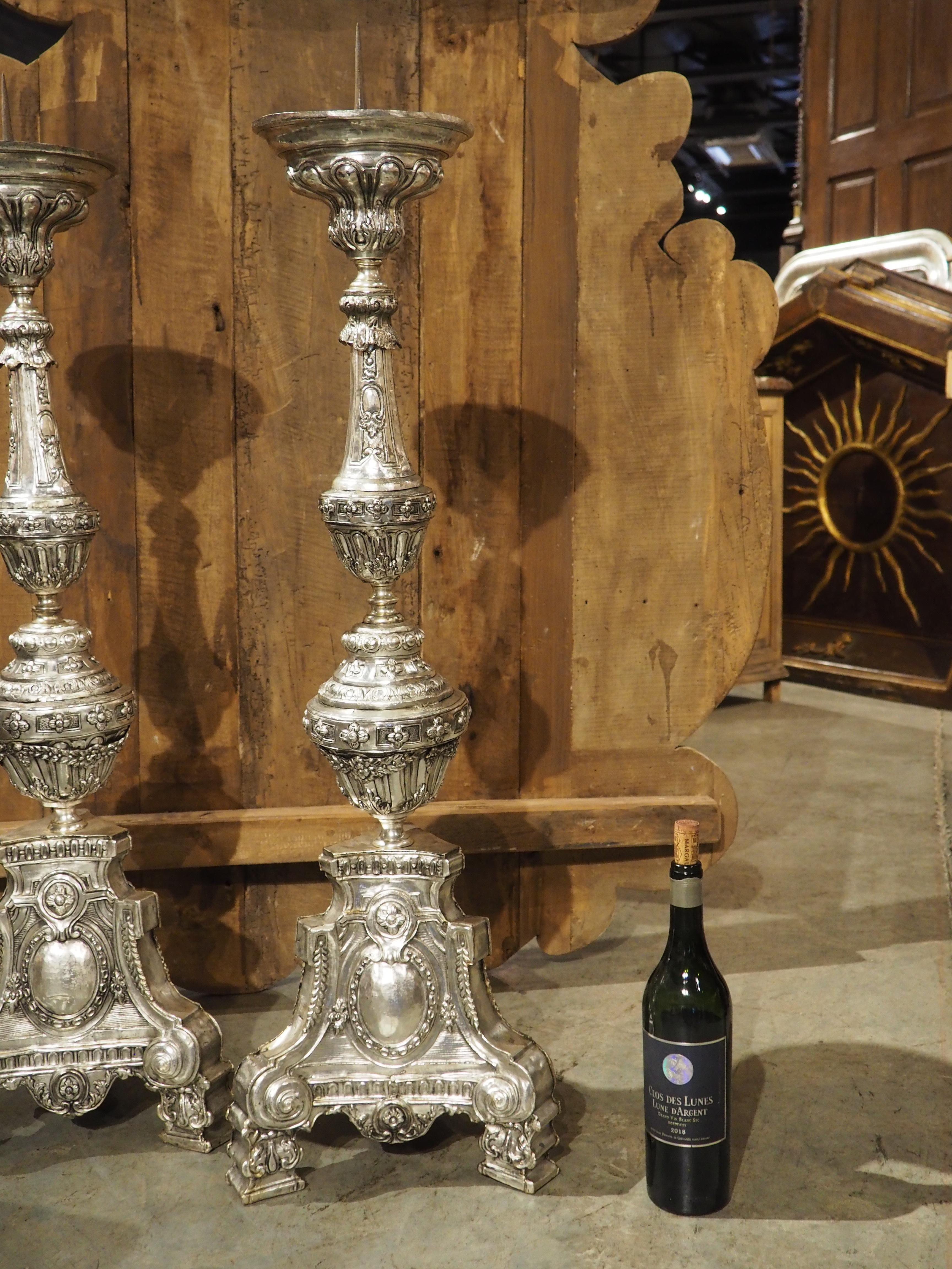 Pair of Tall 18th Century Silvered Brass Candlesticks from France For Sale 10
