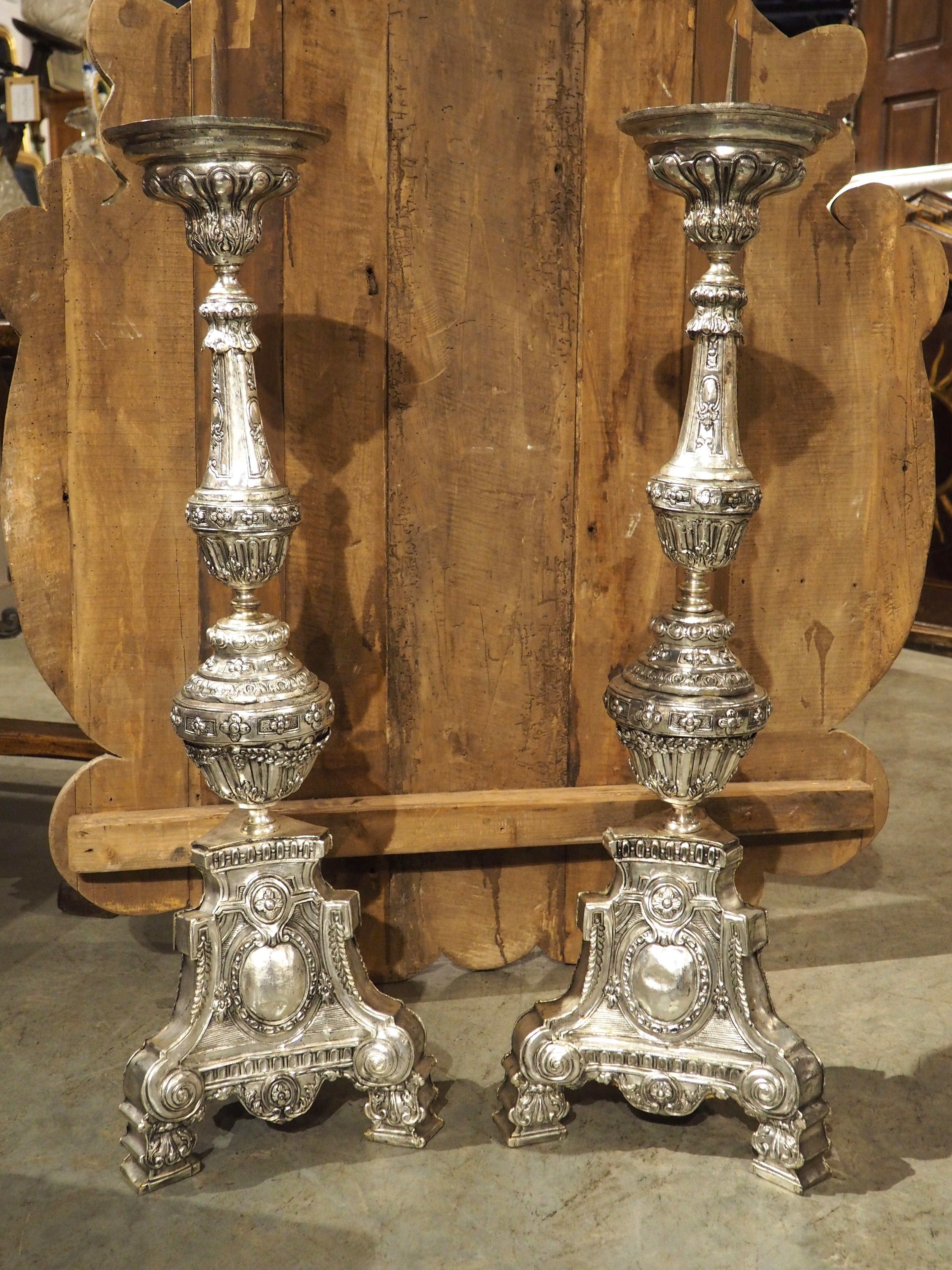 Pair of Tall 18th Century Silvered Brass Candlesticks from France For Sale 12