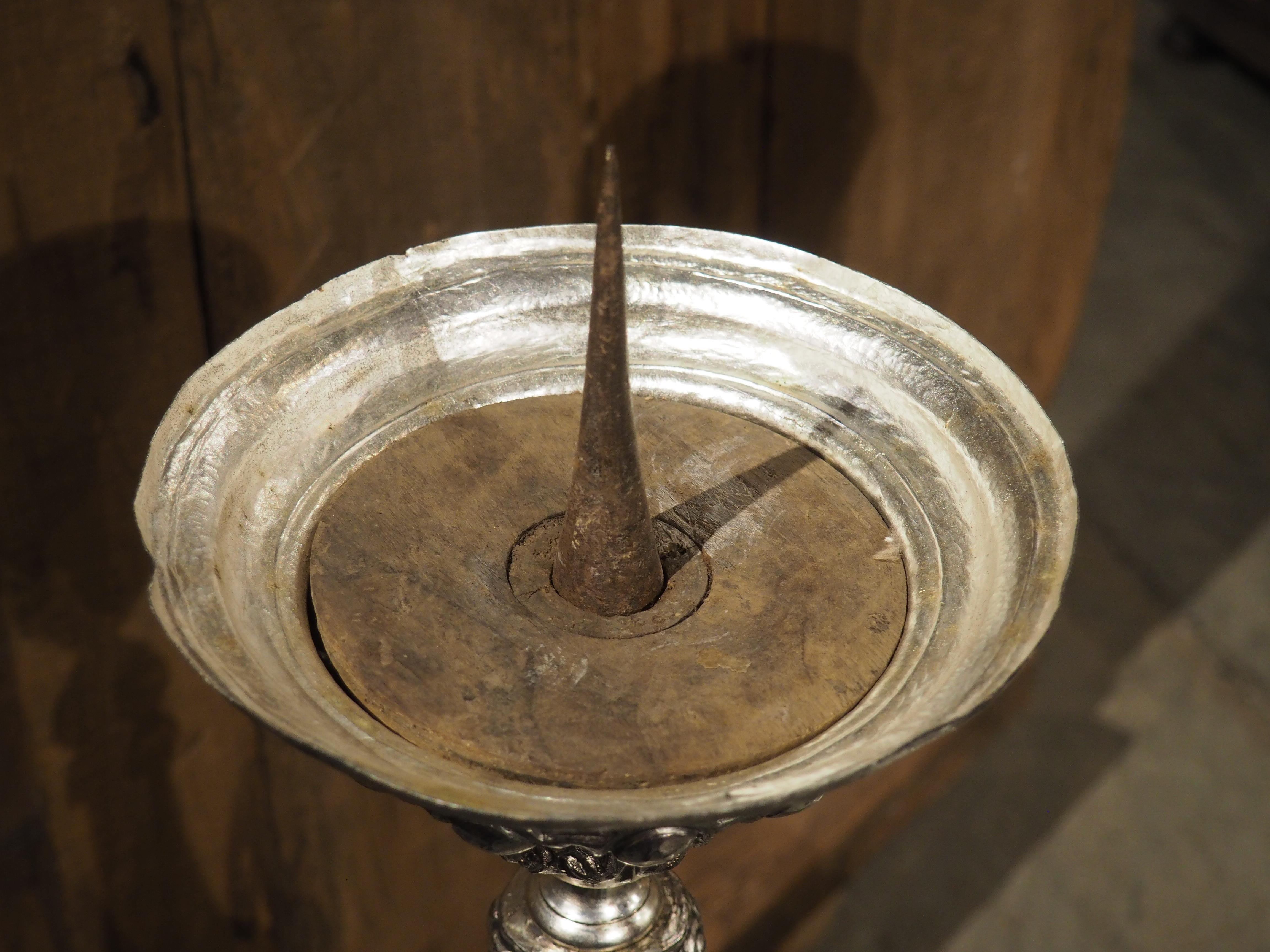 French Pair of Tall 18th Century Silvered Brass Candlesticks from France For Sale