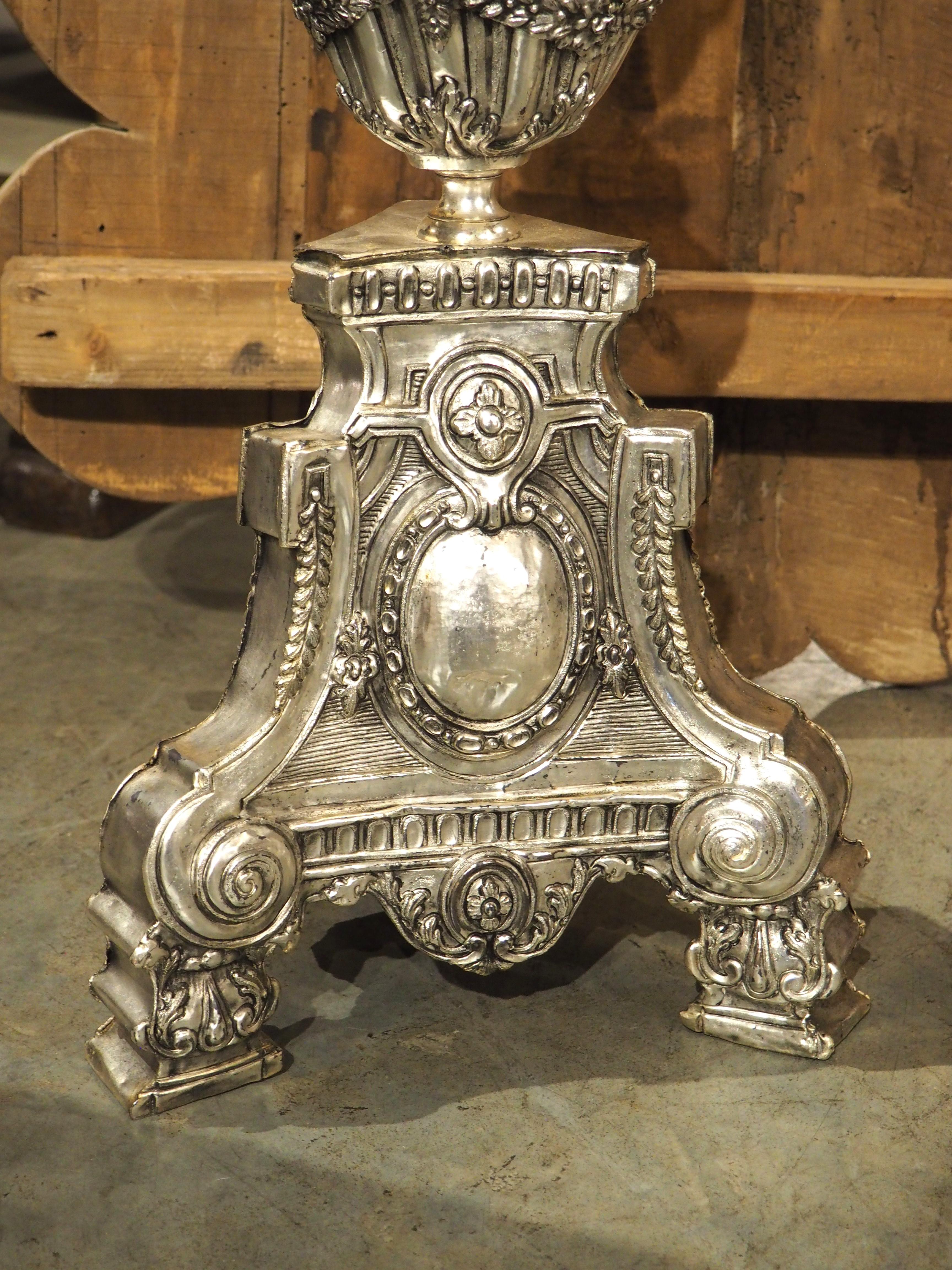 Pair of Tall 18th Century Silvered Brass Candlesticks from France In Good Condition For Sale In Dallas, TX