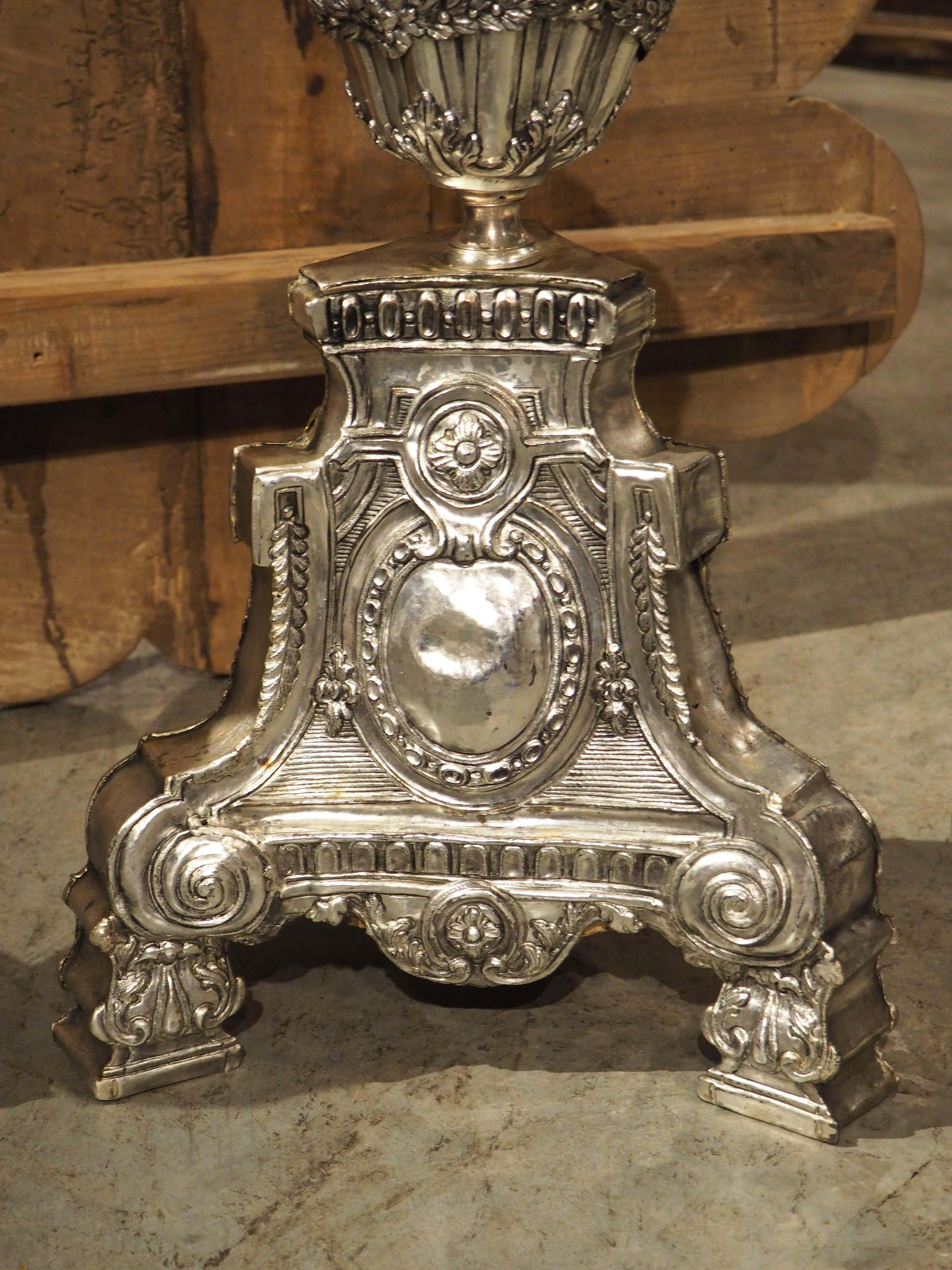 18th Century and Earlier Pair of Tall 18th Century Silvered Brass Candlesticks from France For Sale