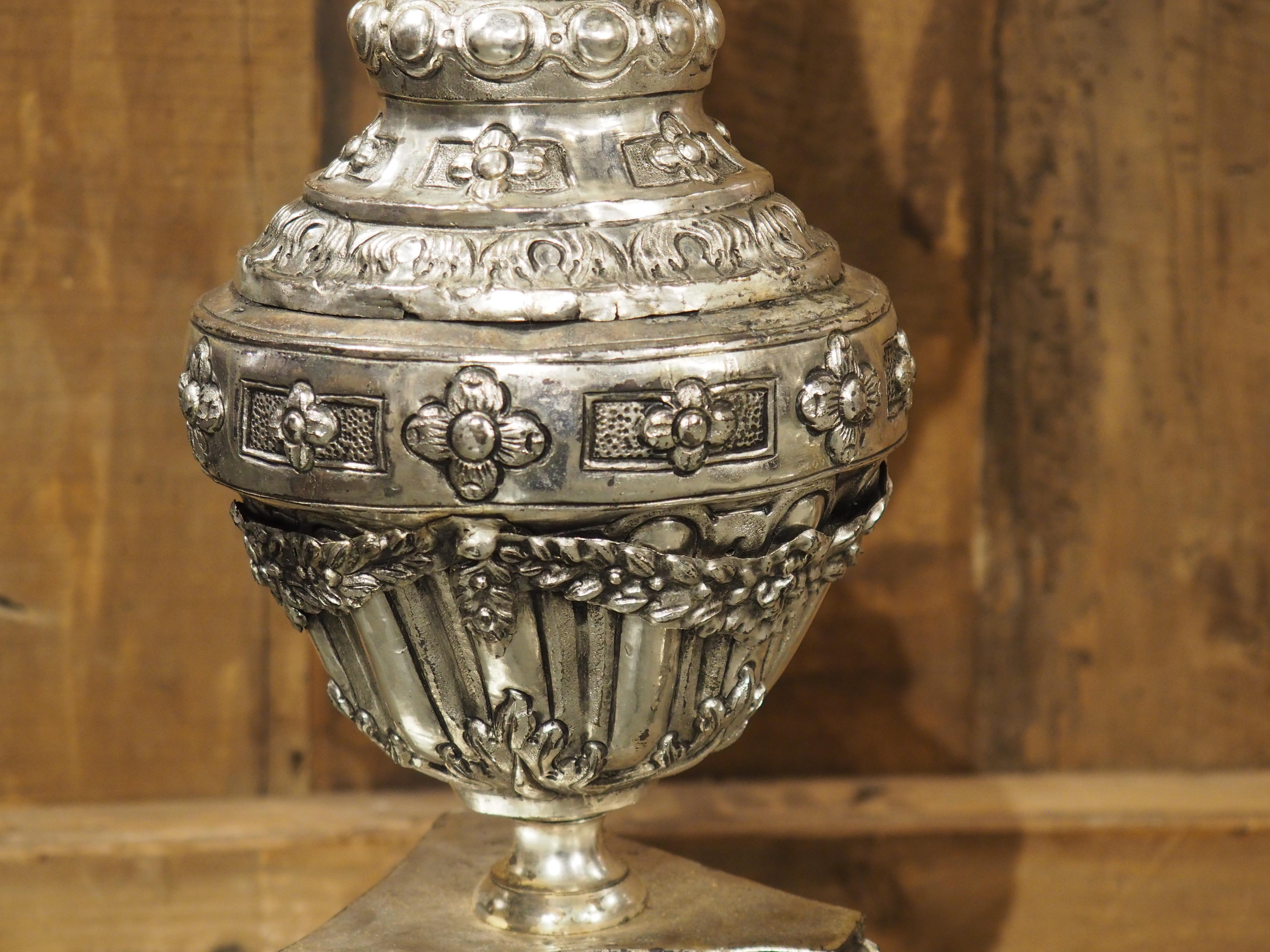 Metal Pair of Tall 18th Century Silvered Brass Candlesticks from France For Sale