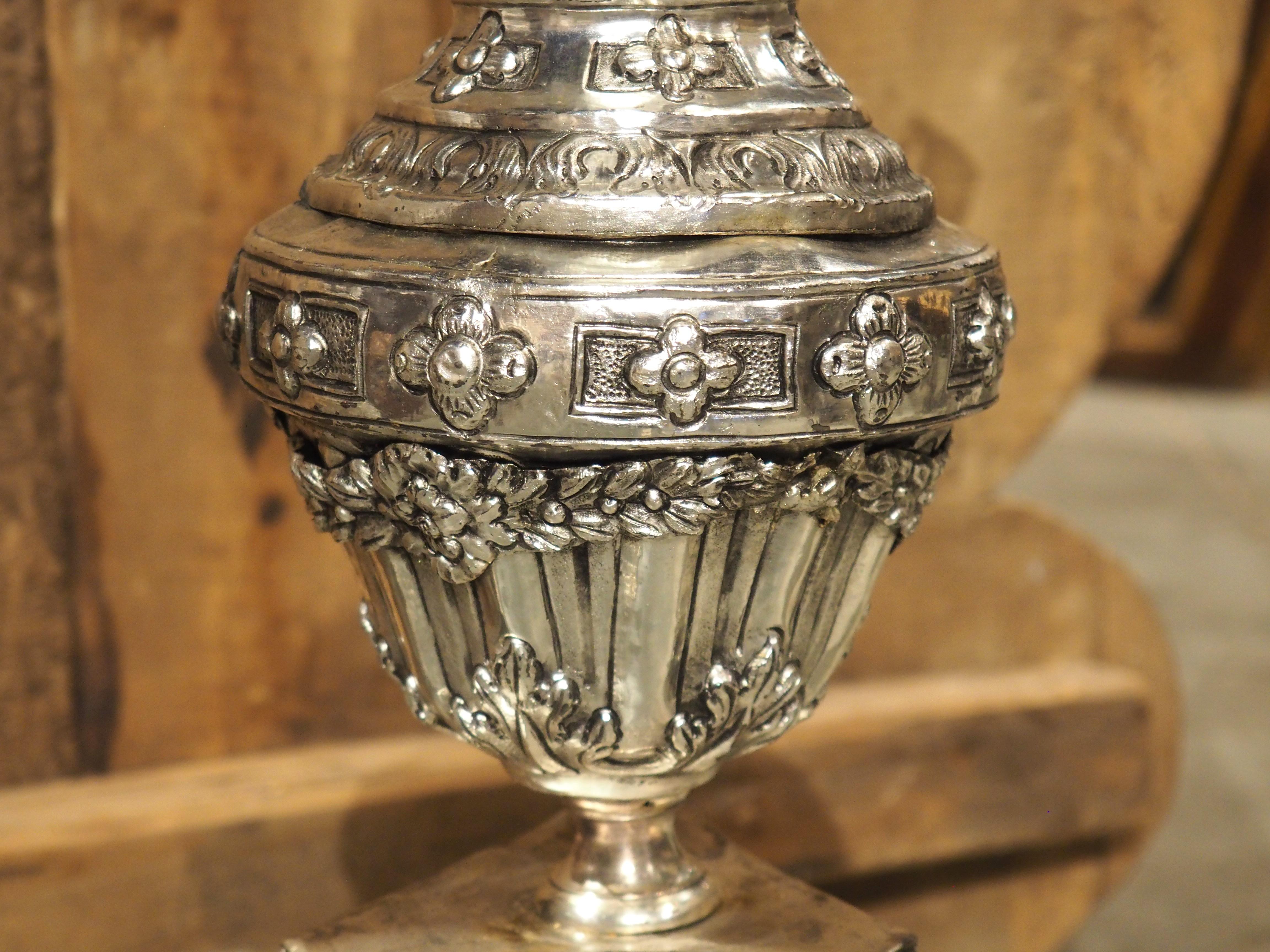 Pair of Tall 18th Century Silvered Brass Candlesticks from France For Sale 1