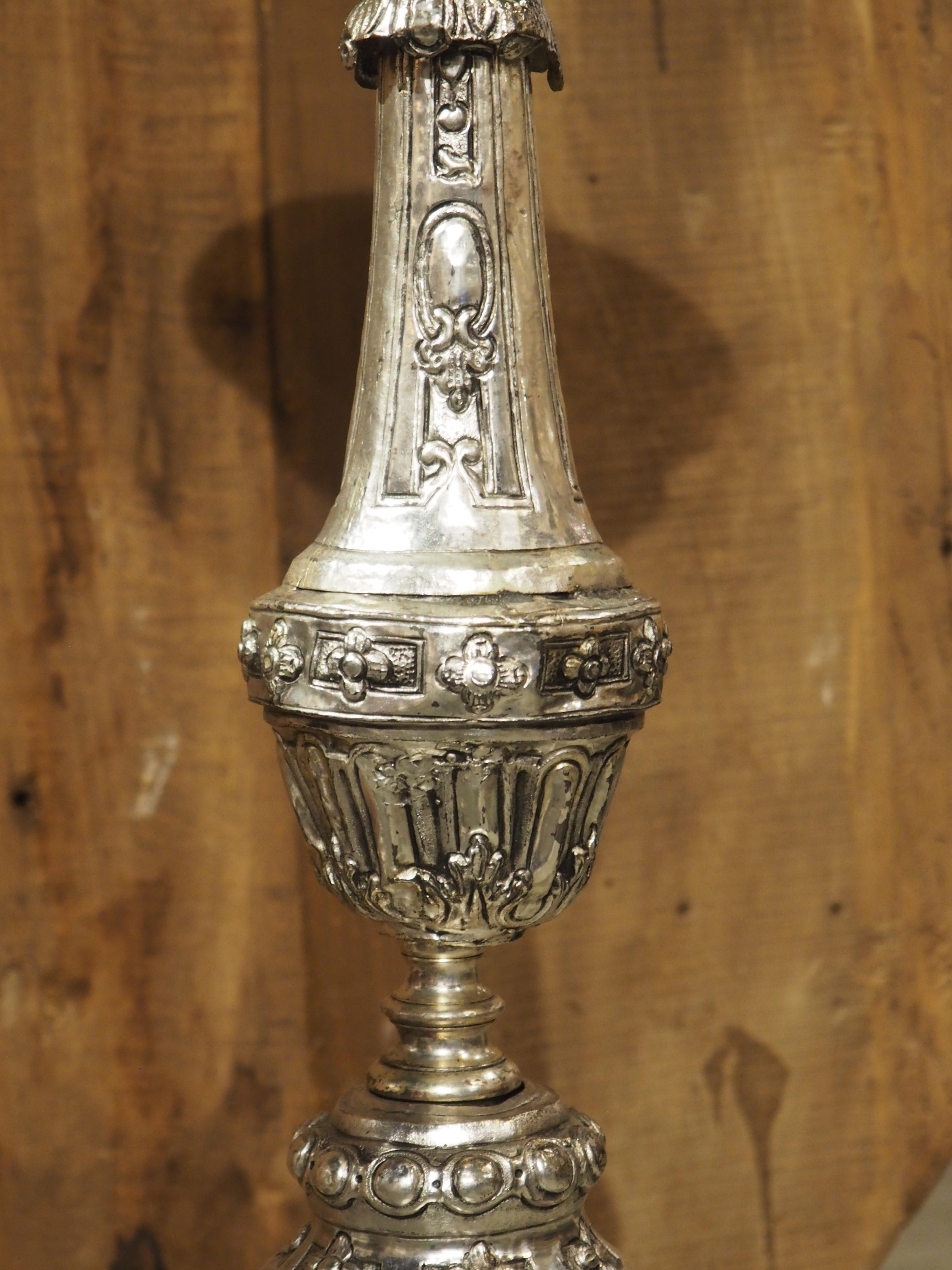 Pair of Tall 18th Century Silvered Brass Candlesticks from France For Sale 3