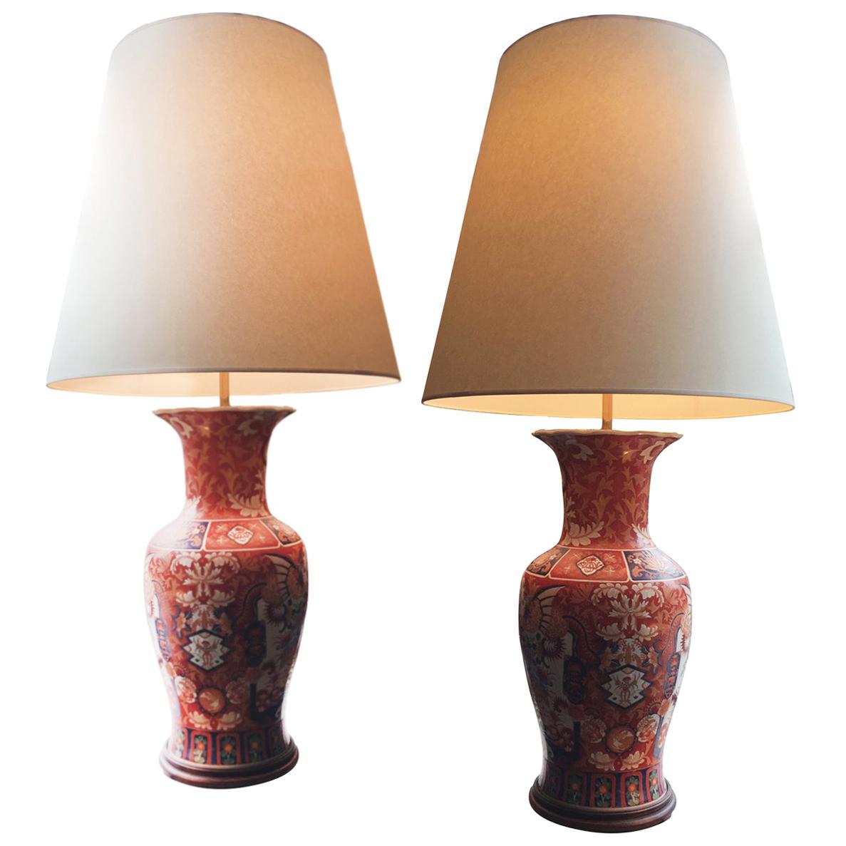 Pair of Tall 1940s Imari Ceramic Table Lamps